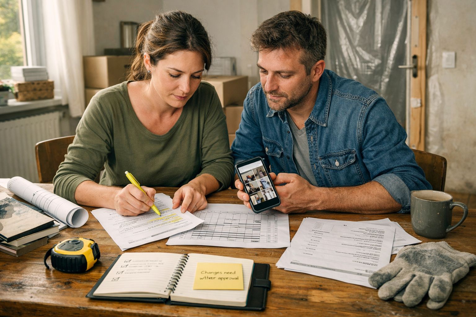 Casal revê documentos em mesa com notas e chávena. O homem segura um telemóvel, a mulher escreve com marcador amarelo.