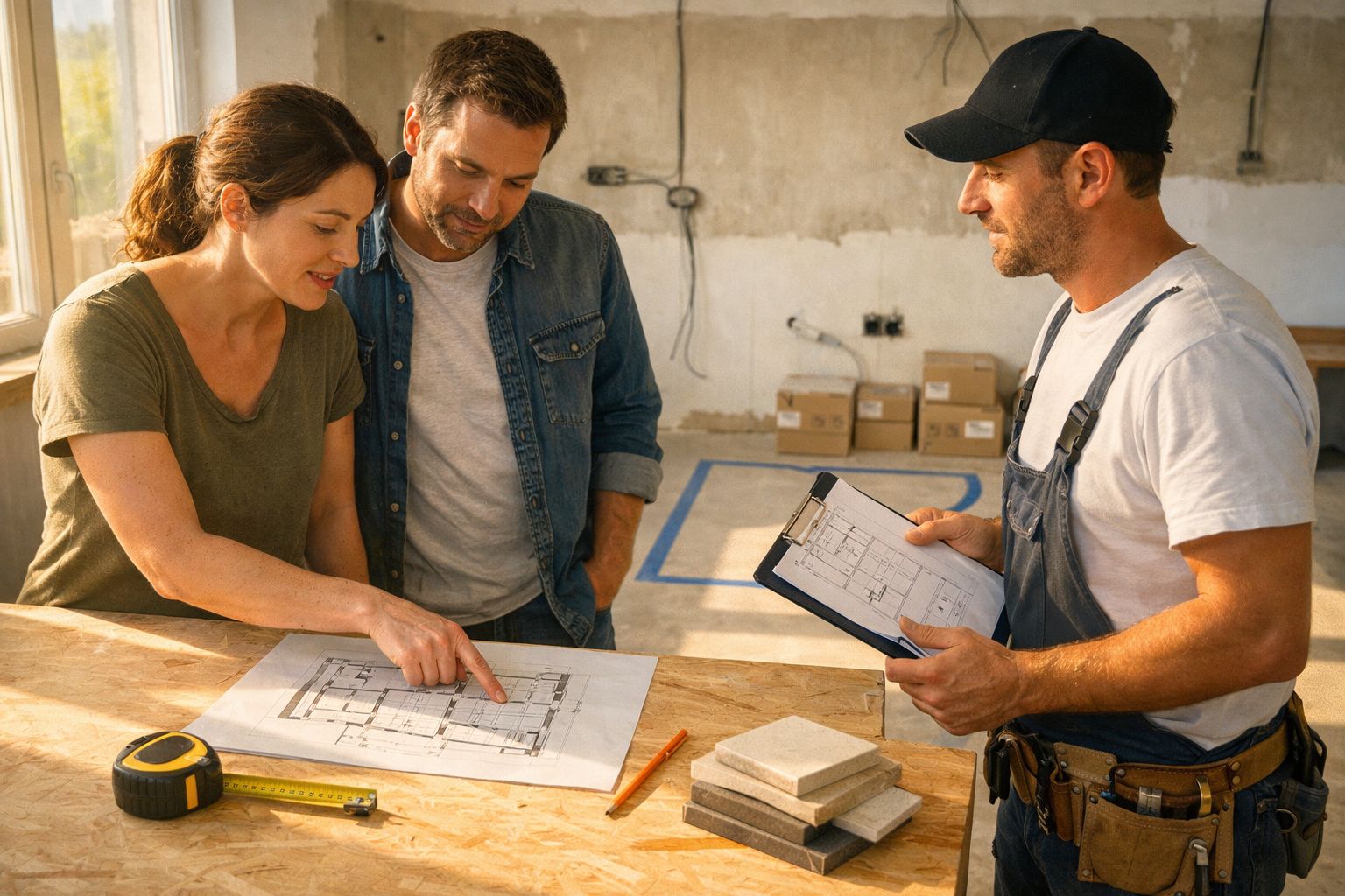 Casal discute planta de construção com arquitetos, numa mesa cheia de desenhos, numa sala em renovação.