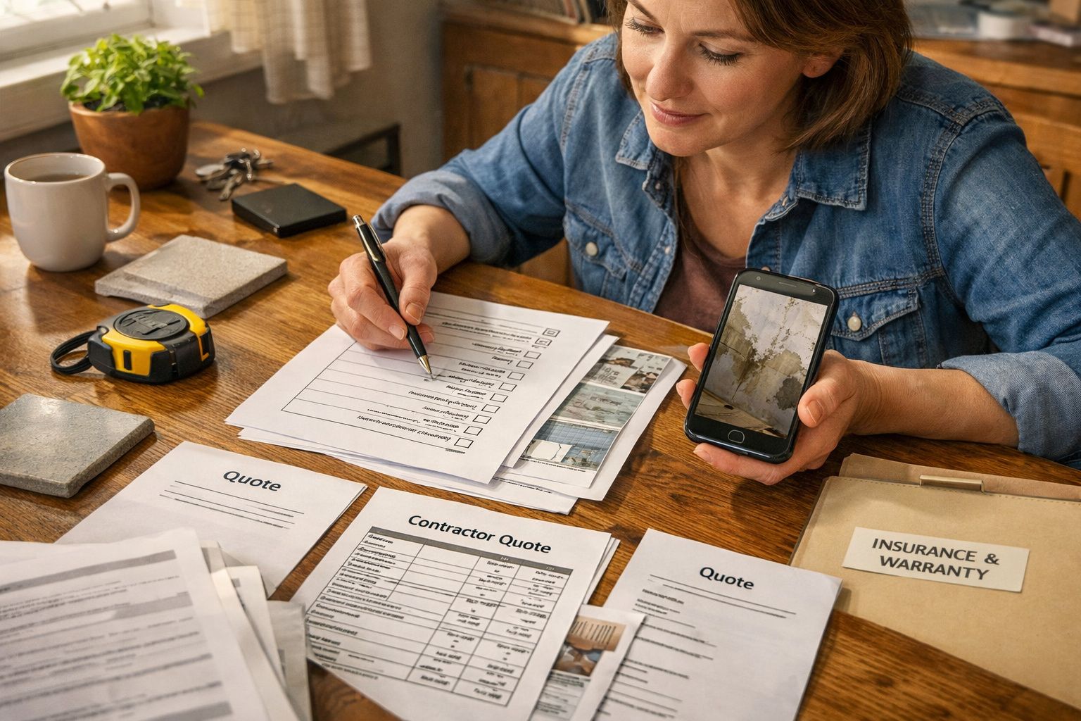 Mulher escreve em documentos na mesa, enquanto segura telemóvel. Papéis incluem orçamentos e garantia.