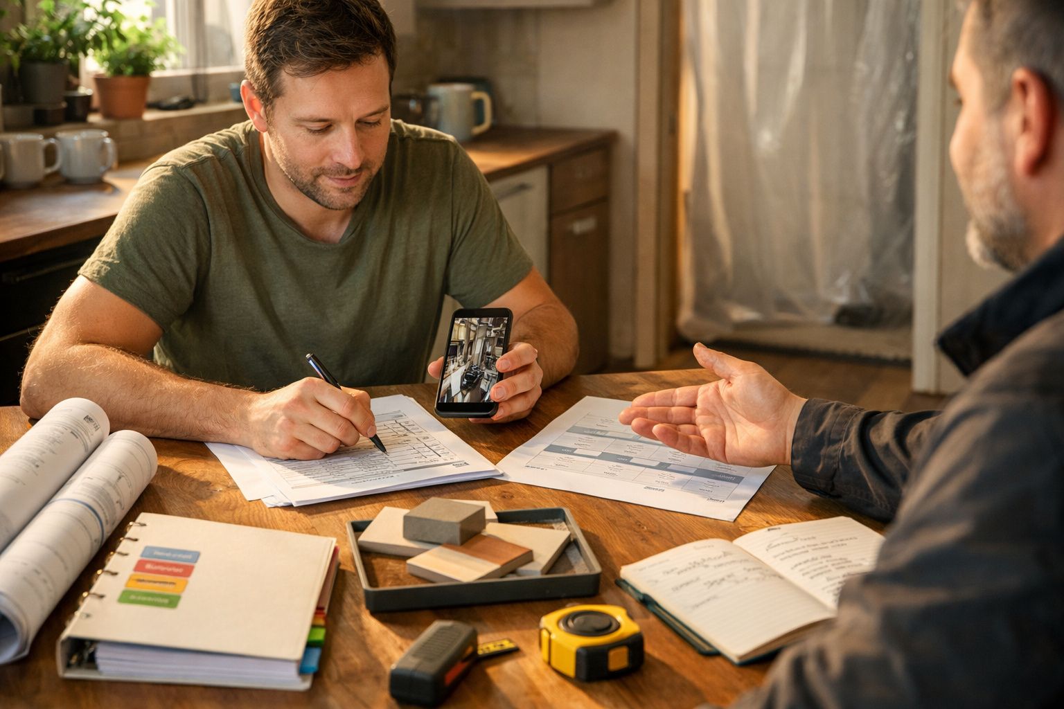 Dois homens discutem projetos arquitetónicos numa mesa com amostras de materiais e documentos.