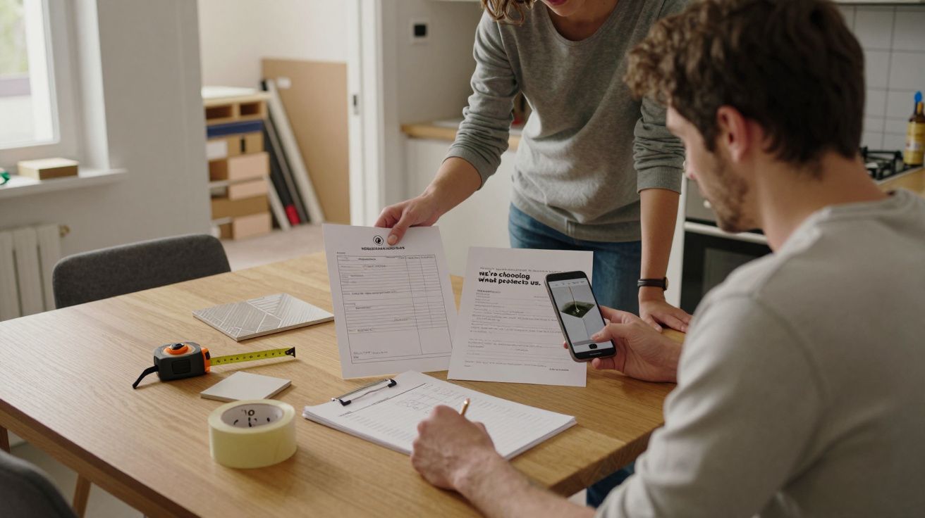 Homem e mulher a discutir documentos e usar smartphone numa mesa de madeira, com fita métrica e fita adesiva ao lado.