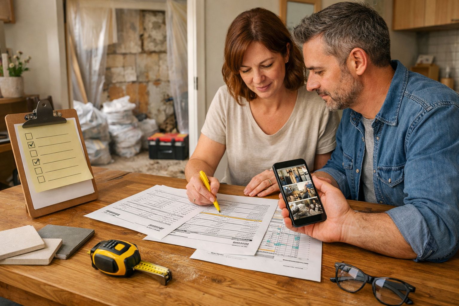 Casal planeia renovação em casa, analisando papéis. Ela escreve, ele segura telefone com fotos.