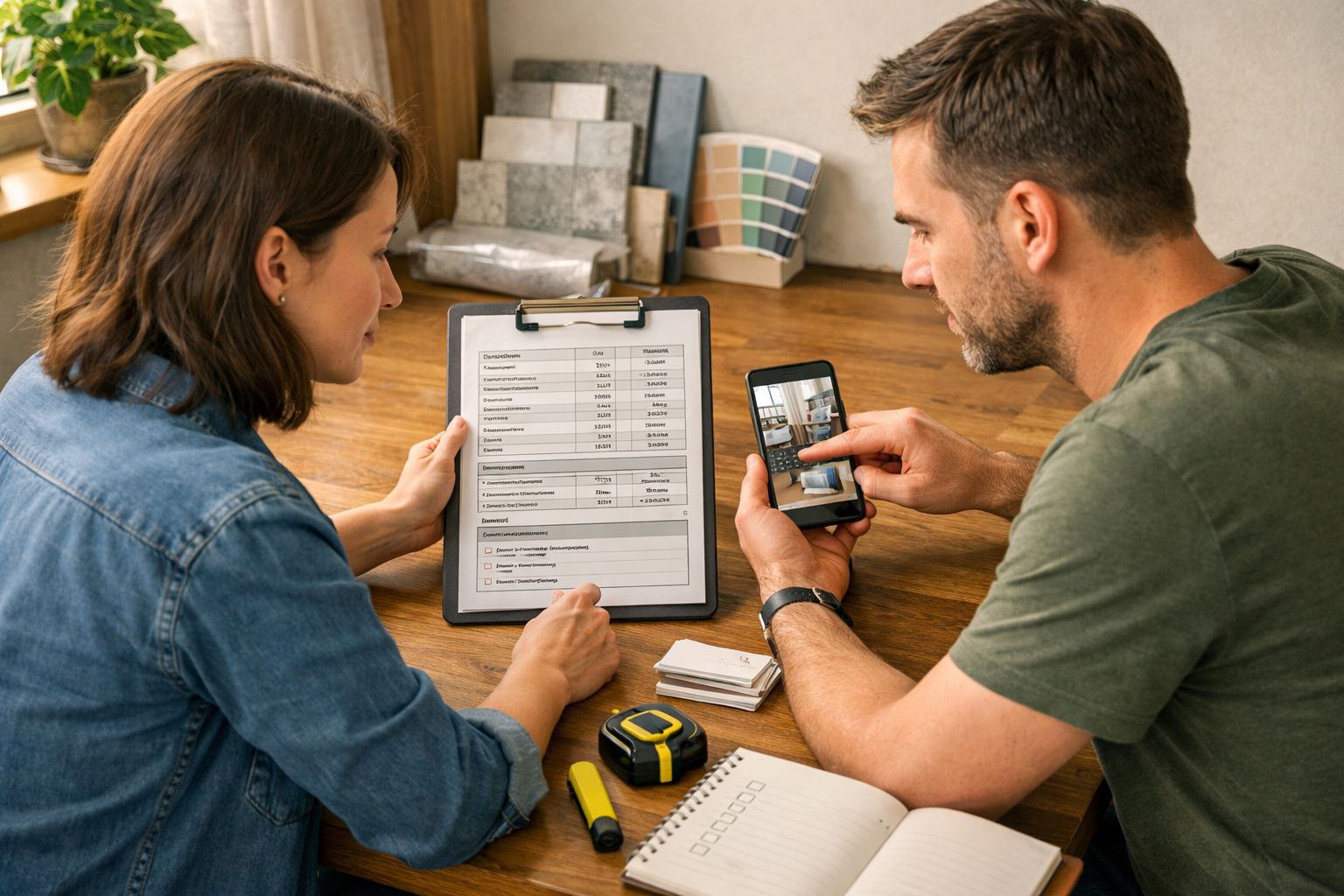 Duas pessoas discutem orçamento e referências de design, com uma prancheta e um telemóvel em mesa de madeira.