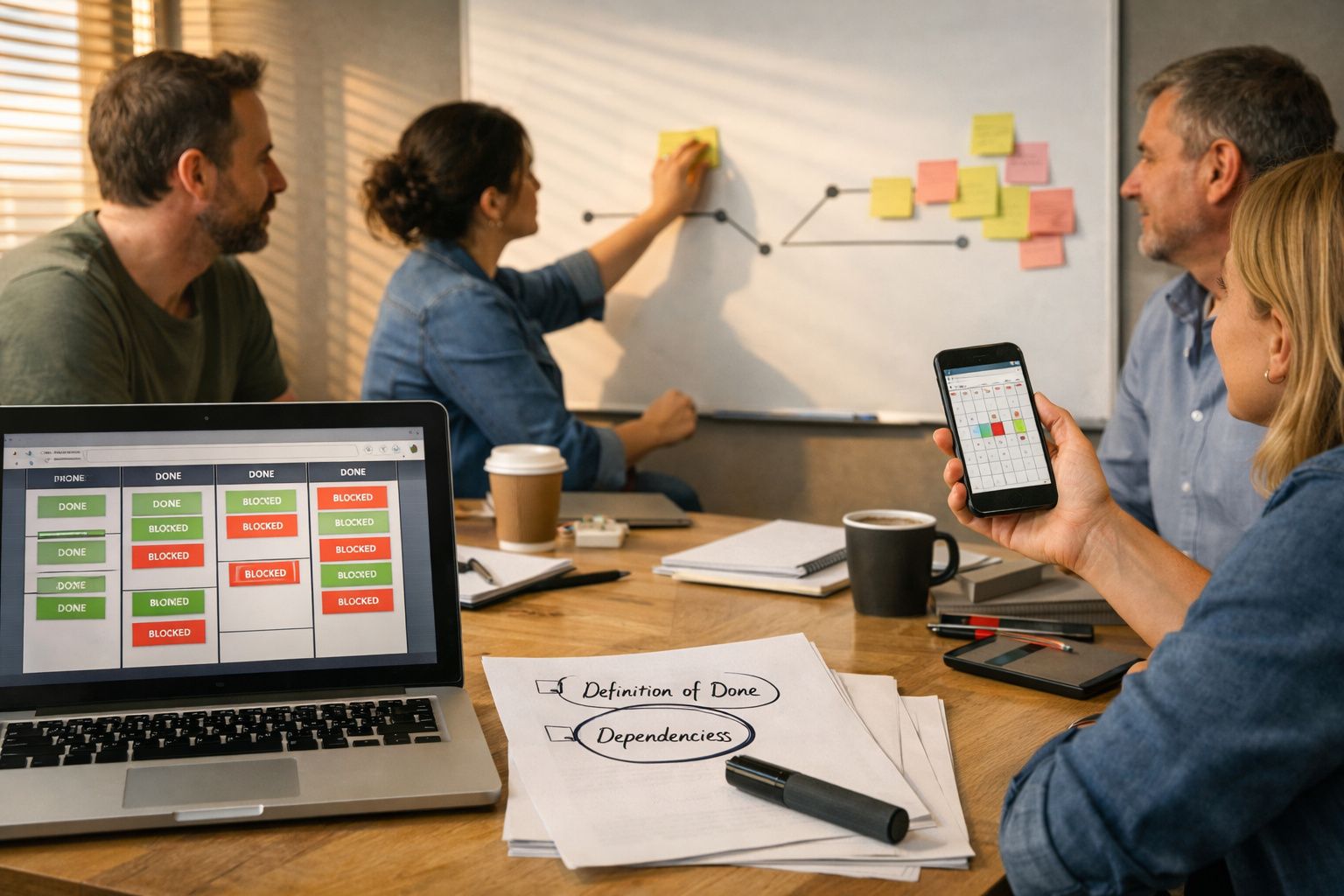 Grupo em reunião de trabalho, analisando gráficos e usando dispositivos digitais numa sala iluminada.