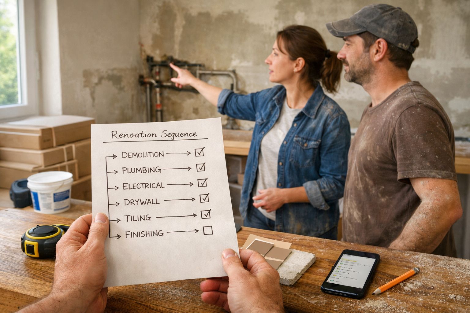 Duas pessoas discutem renovação com lista de tarefas concluídas ao lado de ferramentas numa divisão em obras.