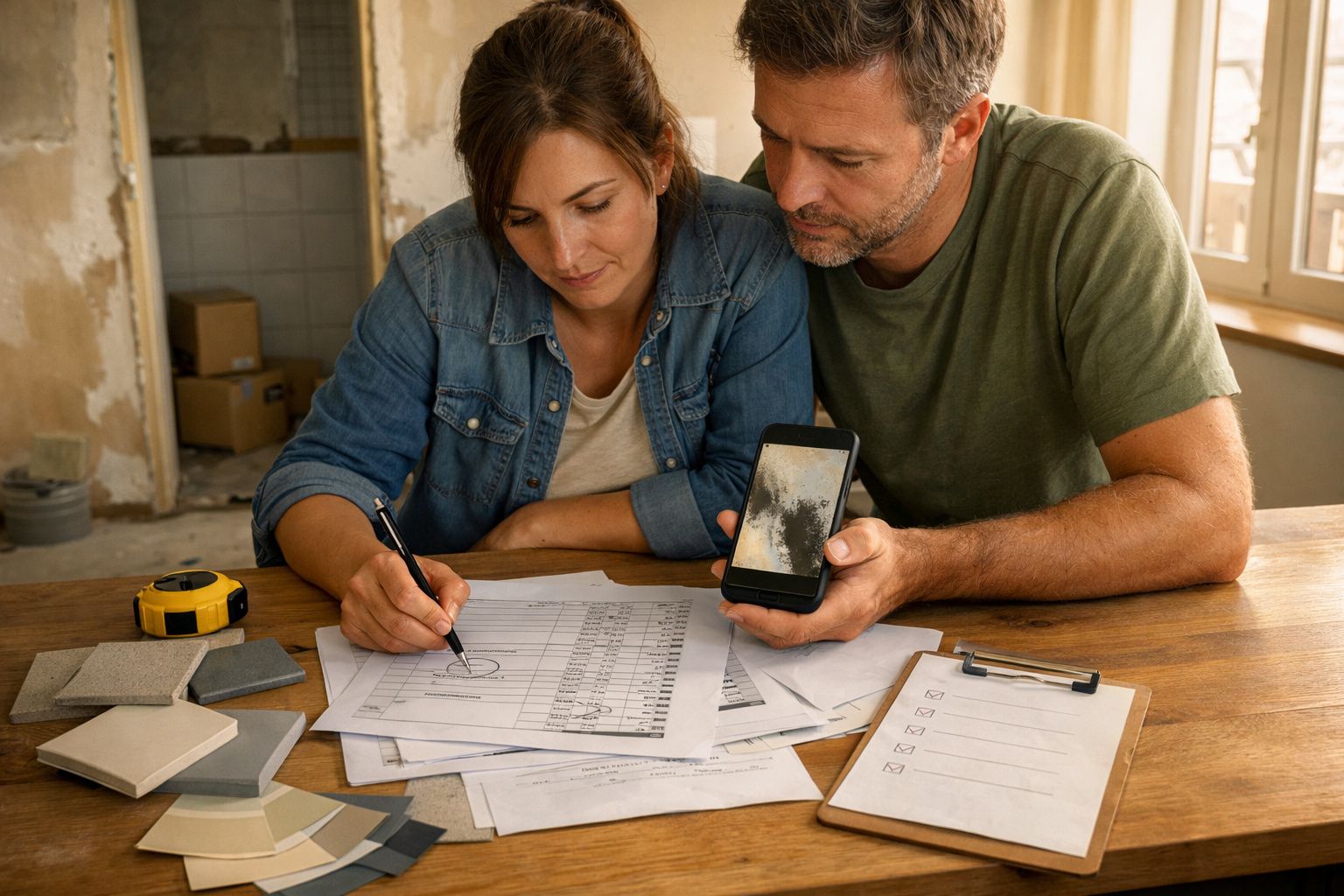 Casal a planear renovação, examinando documentos e amostras de materiais numa mesa.