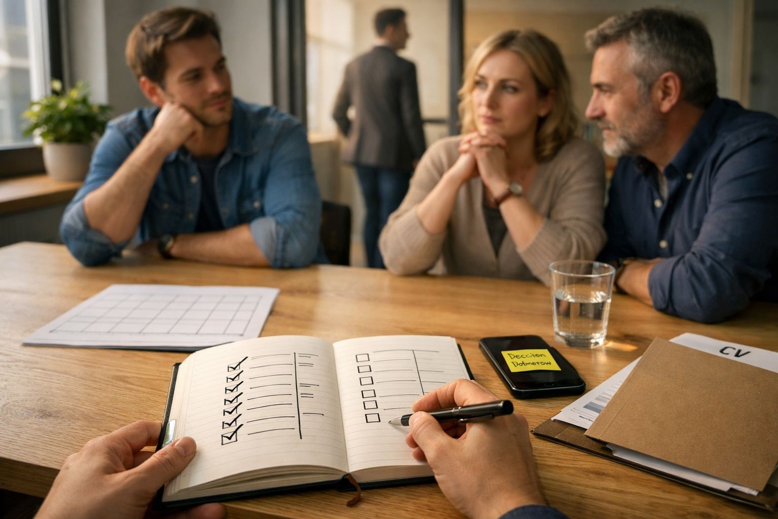 Reunião de trabalho com quatro pessoas discutindo, agenda aberta e telemóvel na mesa com um copo de água ao lado.