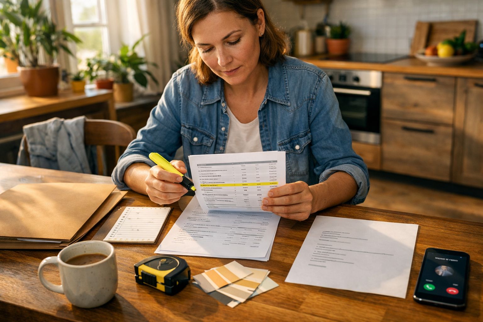 Mulher a trabalhar em documentos numa cozinha, marcada com marcador amarelo. Copo de café e telemóvel na mesa.