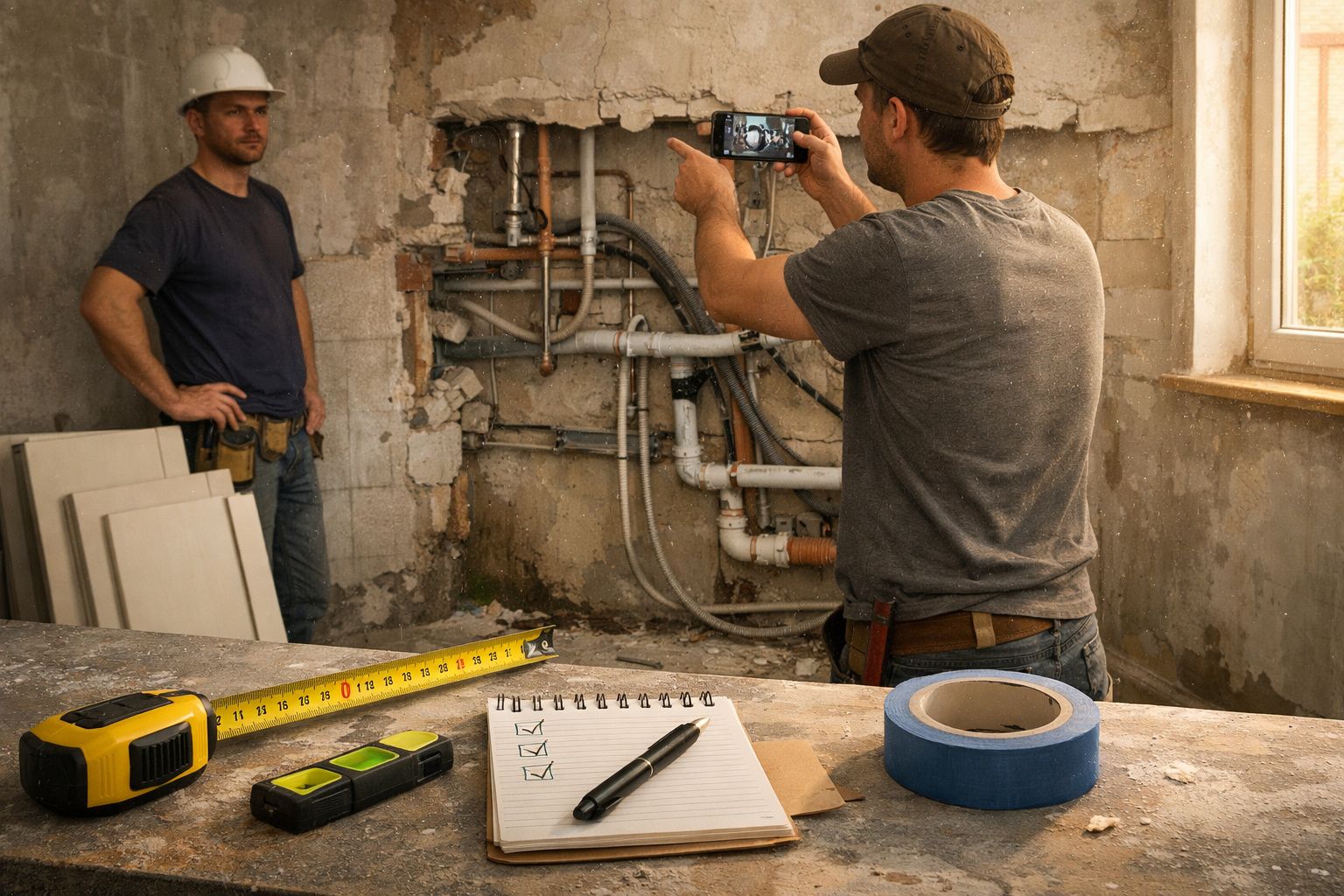 Dois homens inspecionam obra de canalização, com ferramentas e bloco de notas sobre uma bancada.