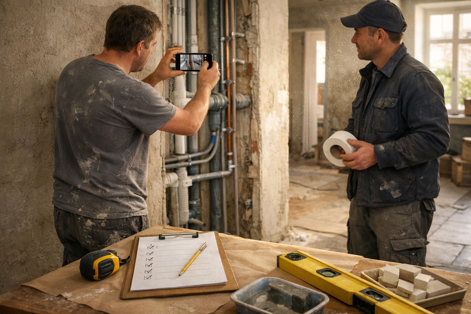 Dois trabalhadores numa obra; um tira foto com telemóvel, outro segura fita adesiva; ferramentas ao redor.