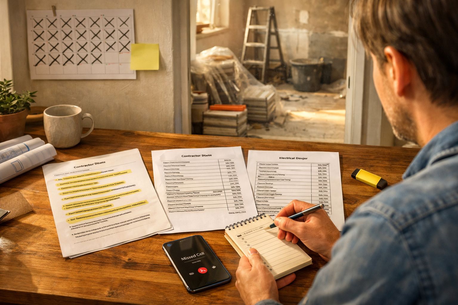 Homem escreve num bloco de notas em mesa com documentos e telemóvel; ao fundo, obras de construção.