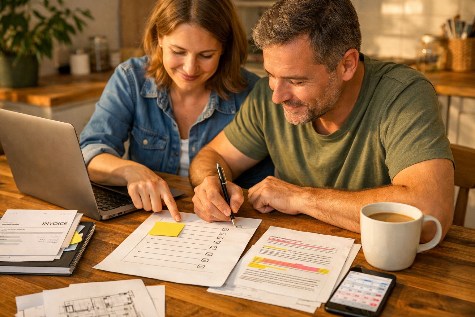 Casal a trabalhar em documentos e listas numa mesa de madeira com portátil e caneca de café.