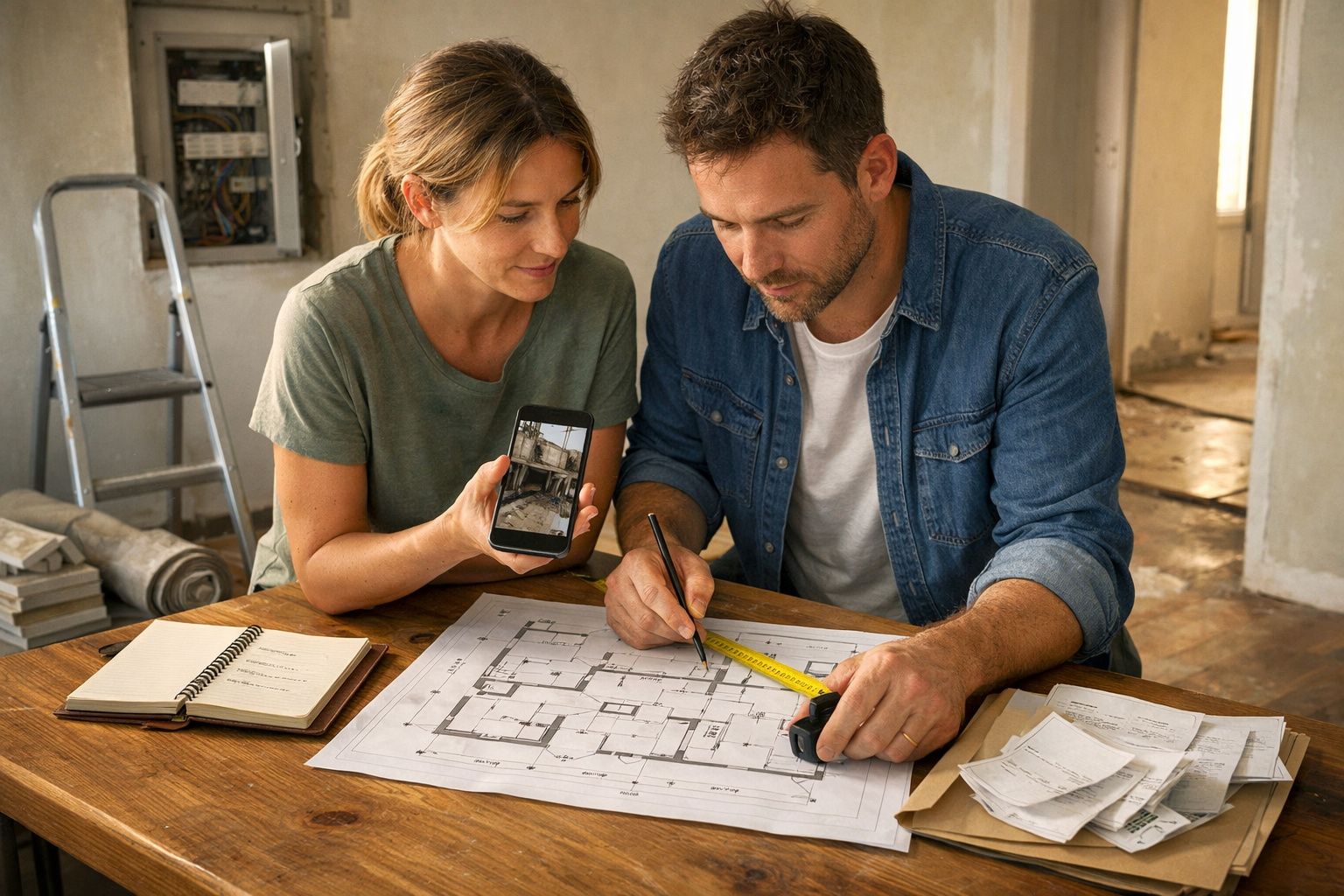 Casal analisa plantas arquitetónicas em mesa, mulher segura telemóvel com imagem da construção.