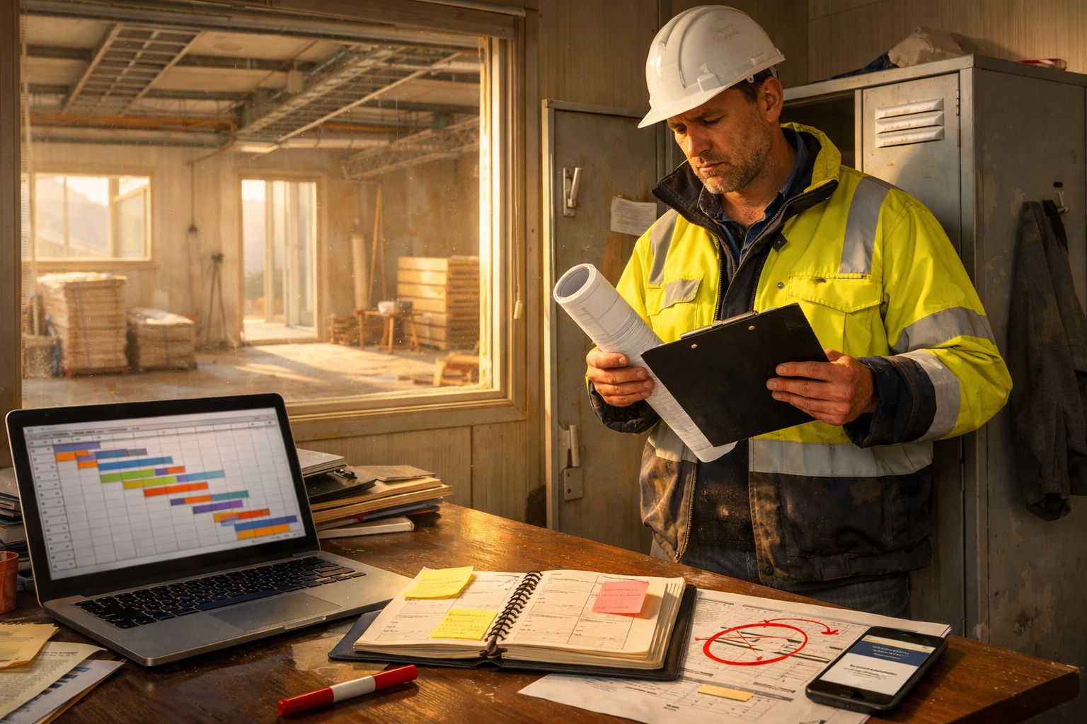 Homem de capacete analisa documentos em escritório de obra com computador e agenda.