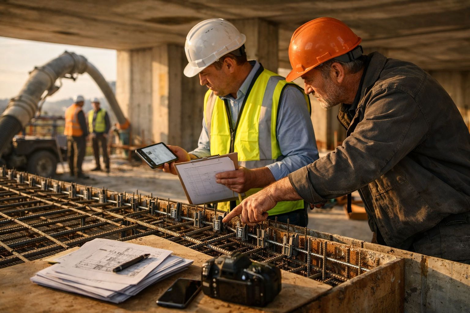 Dois engenheiros analisam planta numa obra com armaduras de aço; fundo com trabalhadores e betoneira.