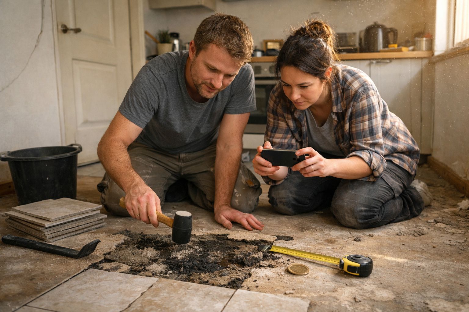 Homem e mulher a fazerem reparações no chão de uma casa; ele martela, ela filma com um telemóvel.