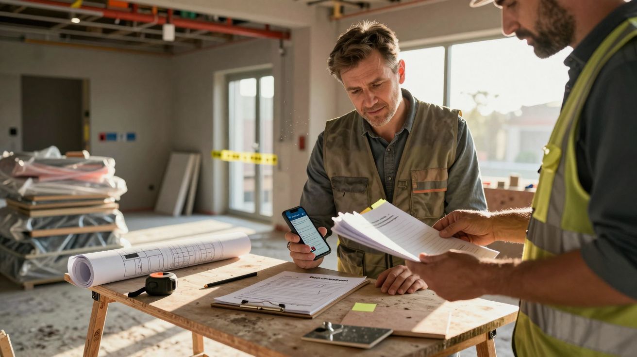 Dois homens numa obra, um segura documentos e o outro segura um telemóvel. Mesa com planos e ferramentas.