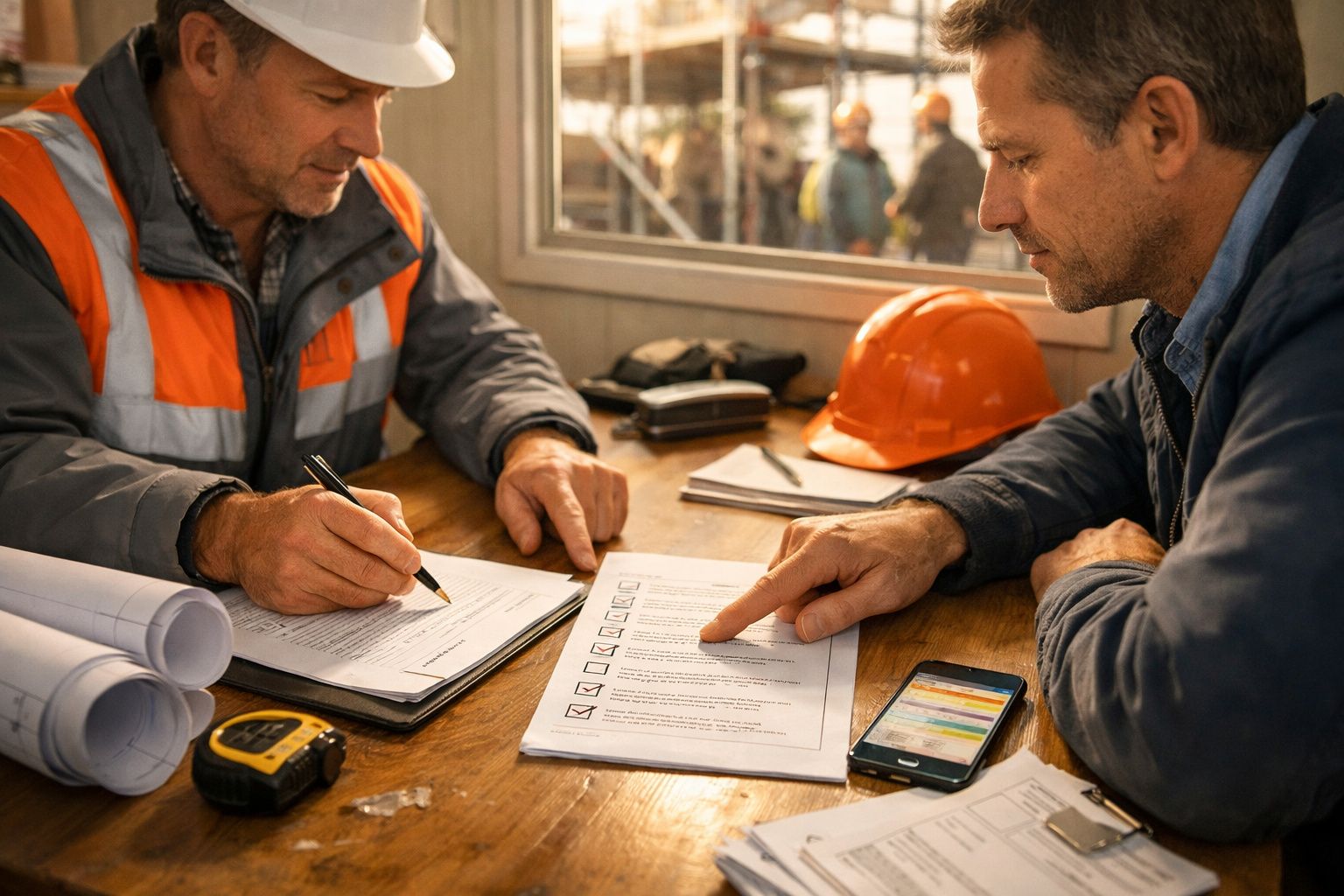 Dois homens discutem planos de construção com capacetes e papéis numa mesa de madeira.