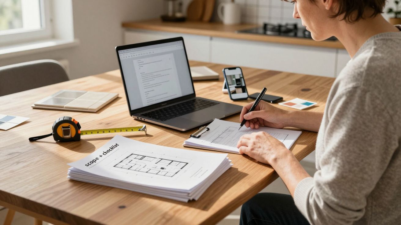 Pessoa trabalhando em projeto arquitetónico numa mesa com portátil, caderno e fita métrica.