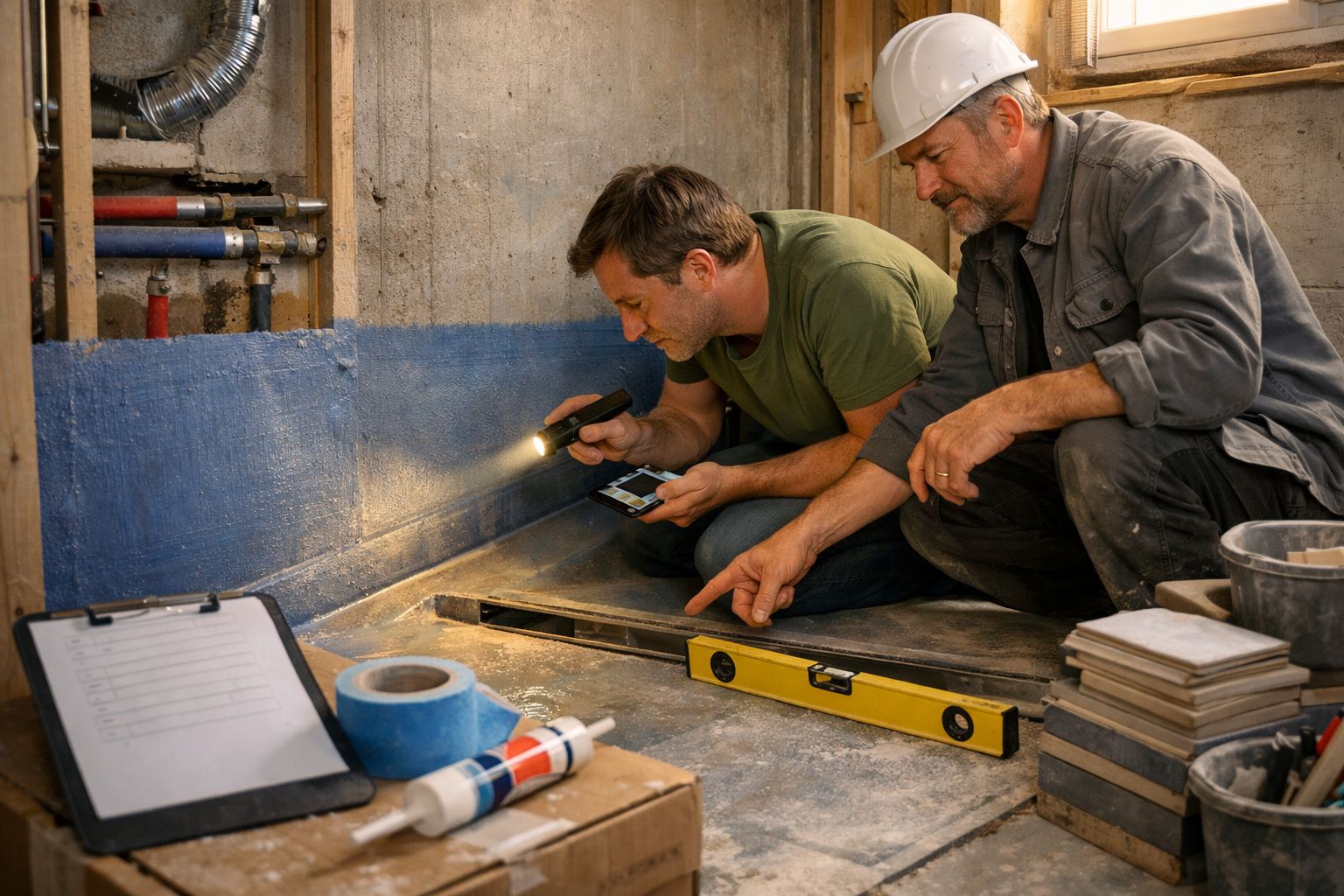 Dois homens inspeccionam obra, um com lanterna e telemóvel, o outro de capacete aponta nivelador. Materiais no chão.