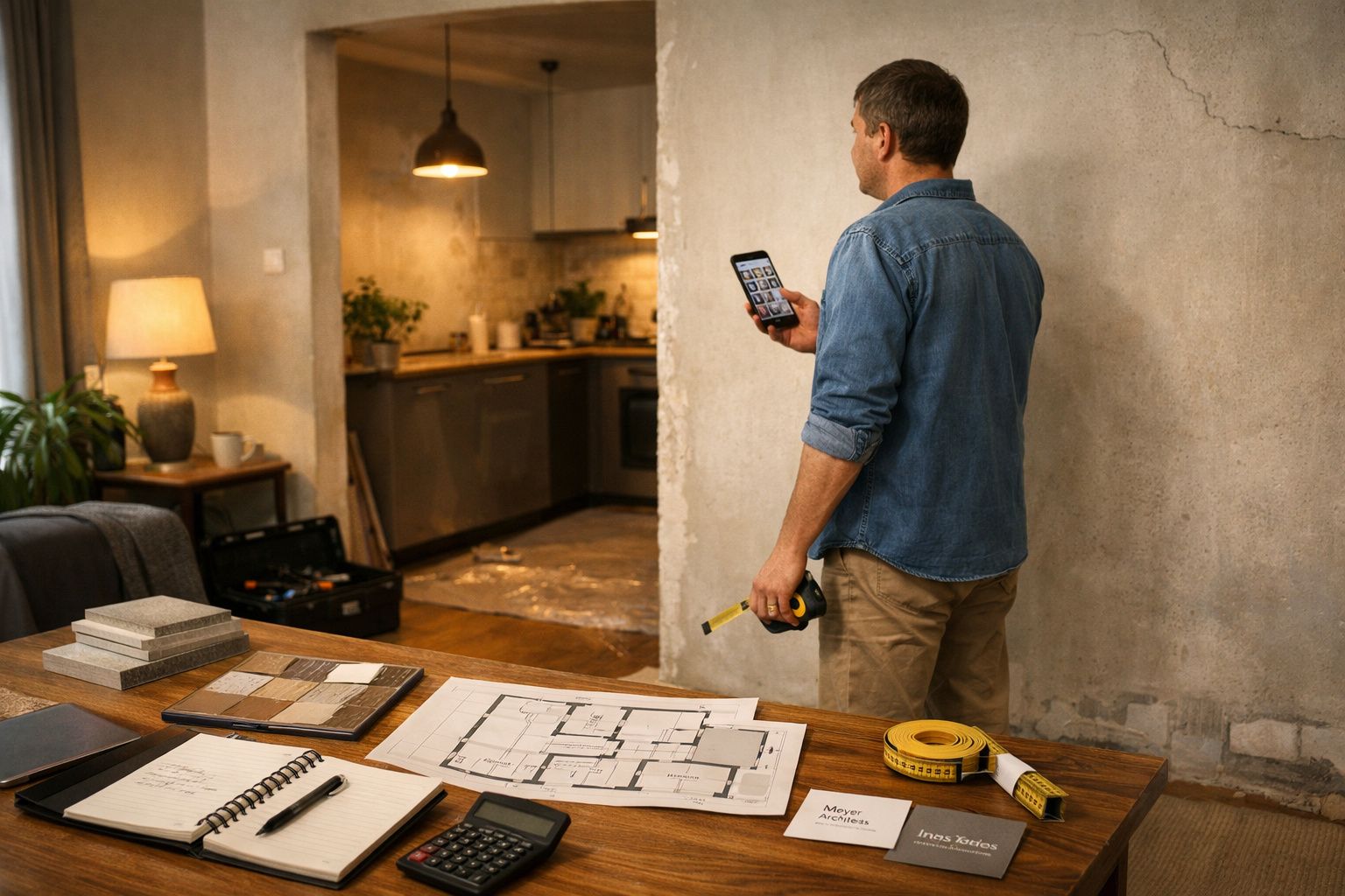 Homem analisa planta de remodelação em sala, segurando smartphone e fita métrica, com cozinha ao fundo.