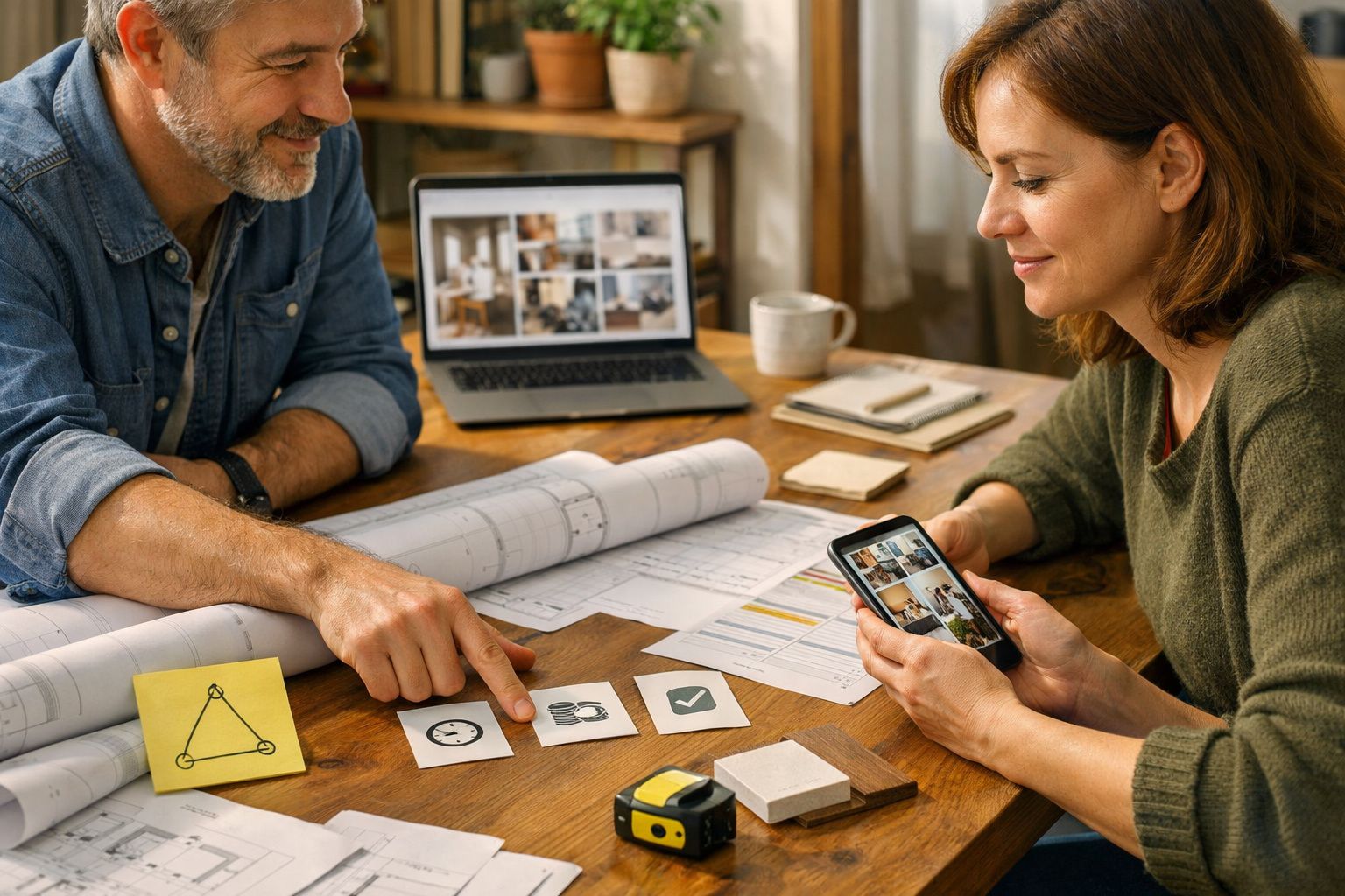 Duas pessoas analisam planos e fotos numa mesa, com um portátil e um telemóvel.