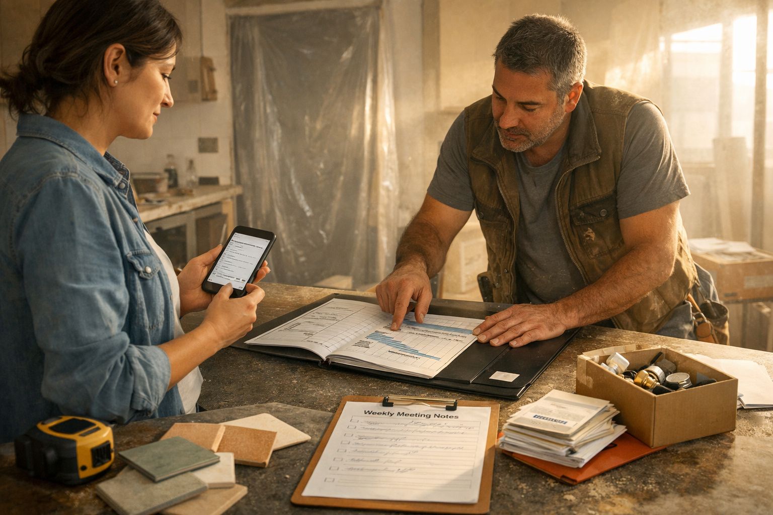 Dois profissionais revêm documentos numa mesa, um utiliza um smartphone, o outro aponta para um gráfico.