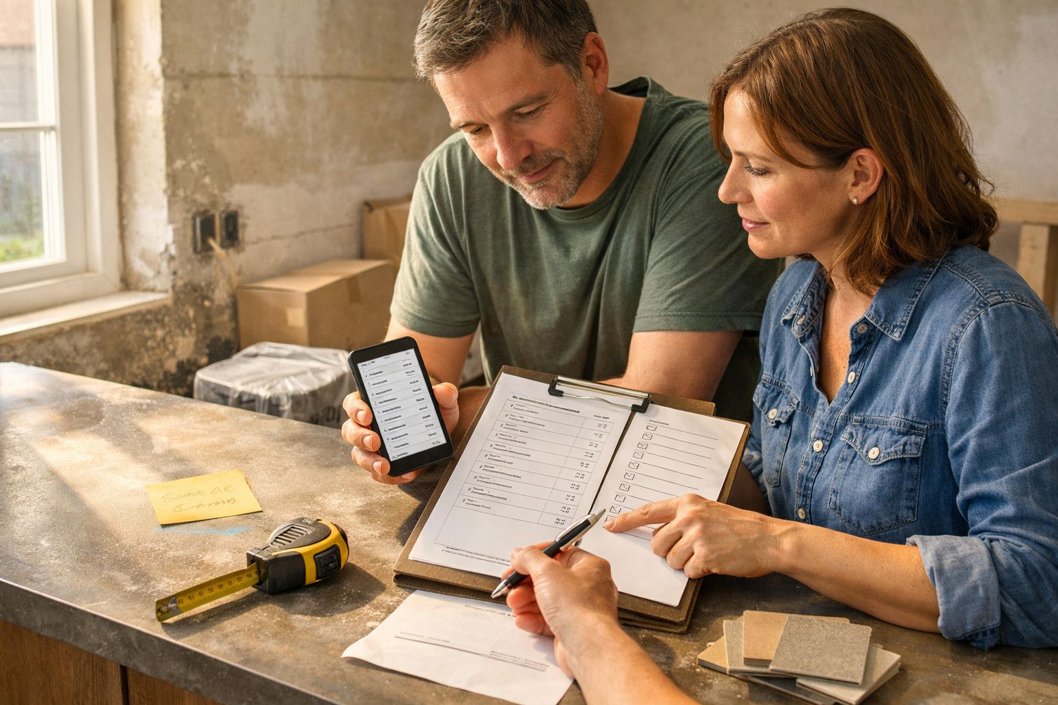 Casal discute plano de renovação numa cozinha, com lista de verificação e smartphone em mãos.