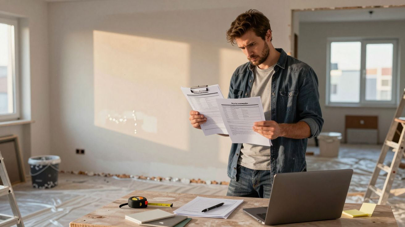 Homem analisa documentos numa sala em obras, acompanhado por um computador portátil e uma fita métrica.