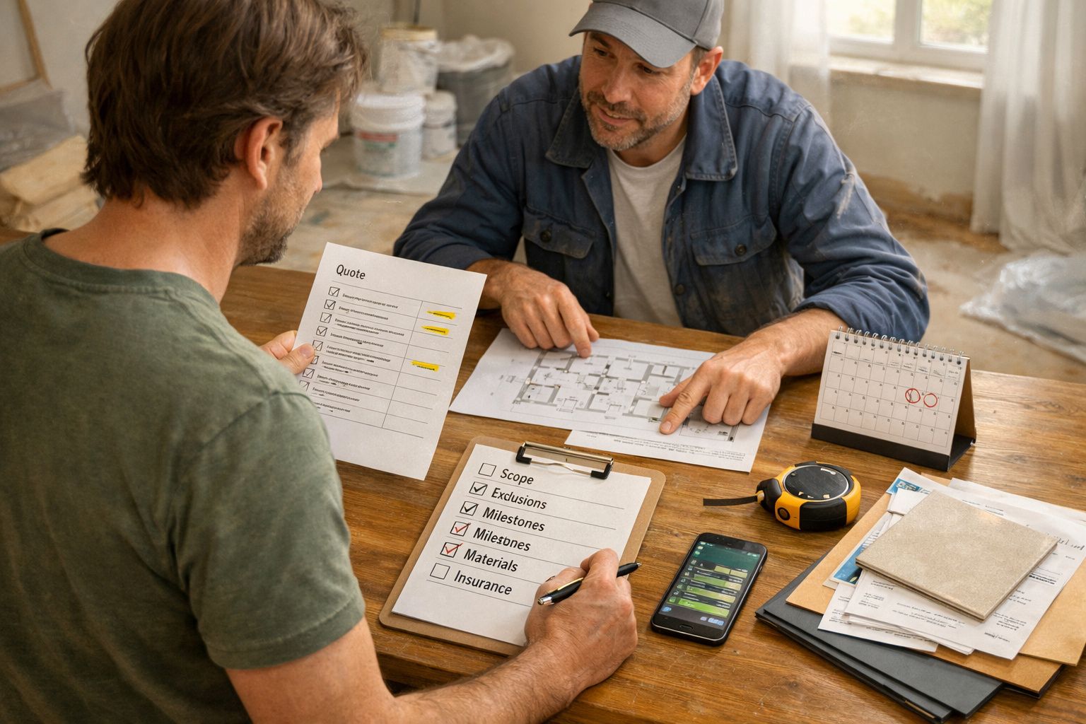 Dois homens a discutir planos de construção em mesa com lista de verificação, planta, fita métrica e smartphone.