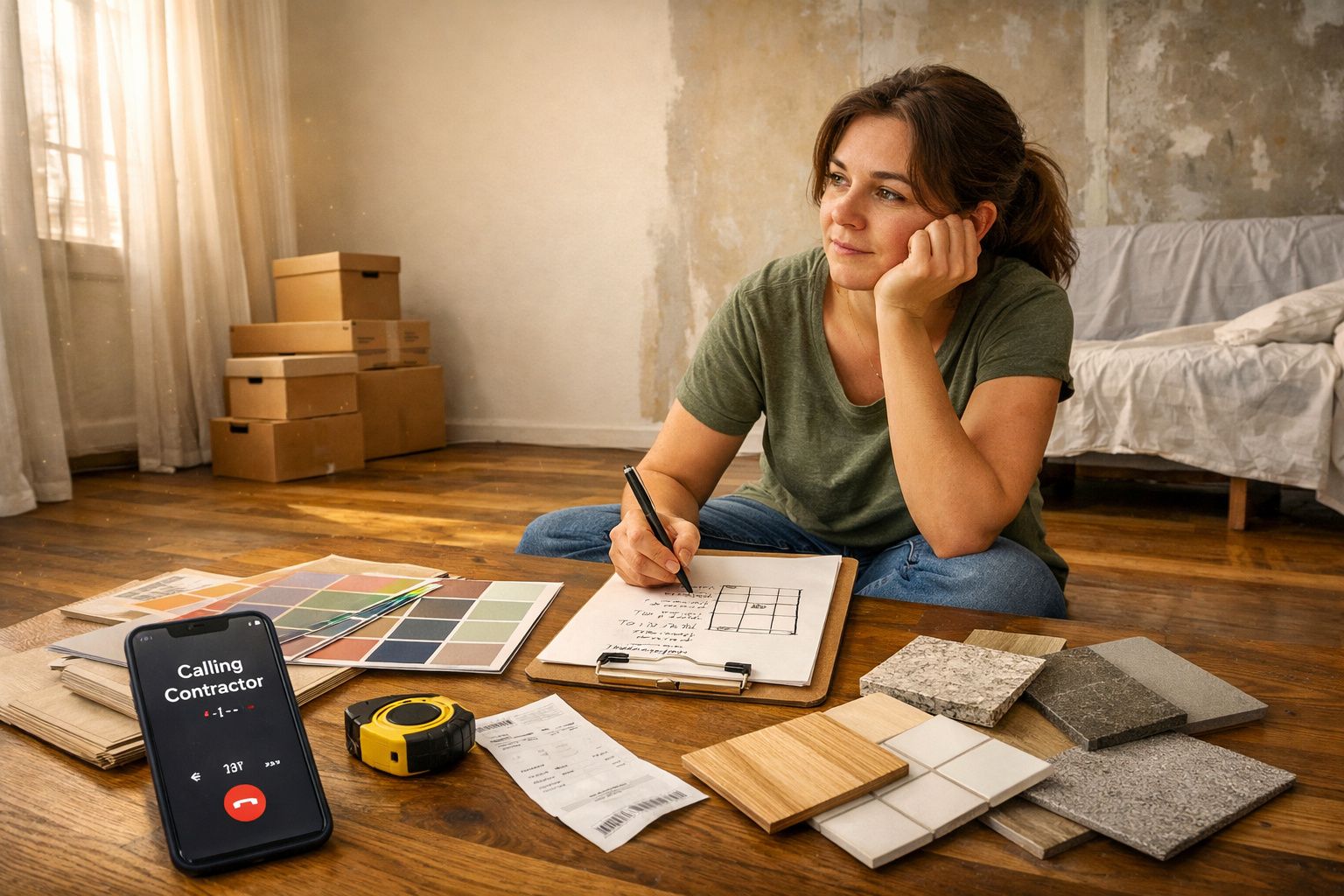 Mulher pensativa com amostras de cores e pisos, ligando para empreiteiro num quarto com caixas.