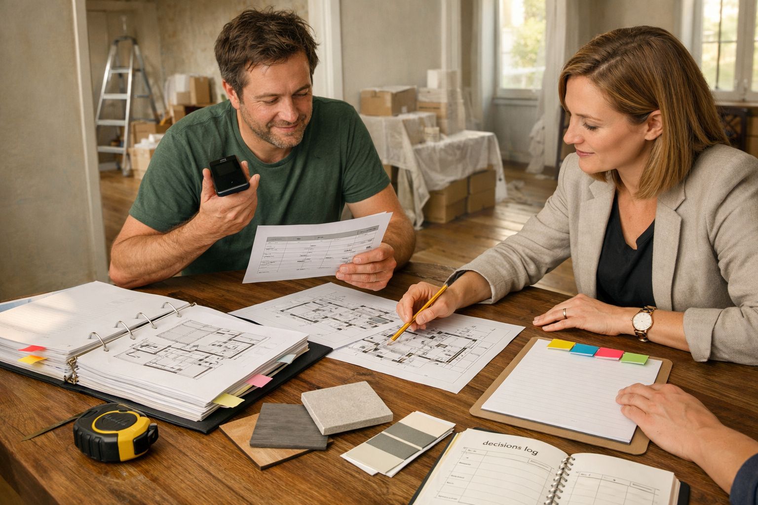 Duas pessoas analisam plantas arquitetónicas numa mesa, rodeadas de amostras de materiais e cadernos.