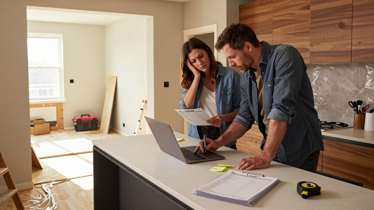 Casal analisa documentos numa cozinha em remodelação, com portátil e lista de tarefas na bancada.