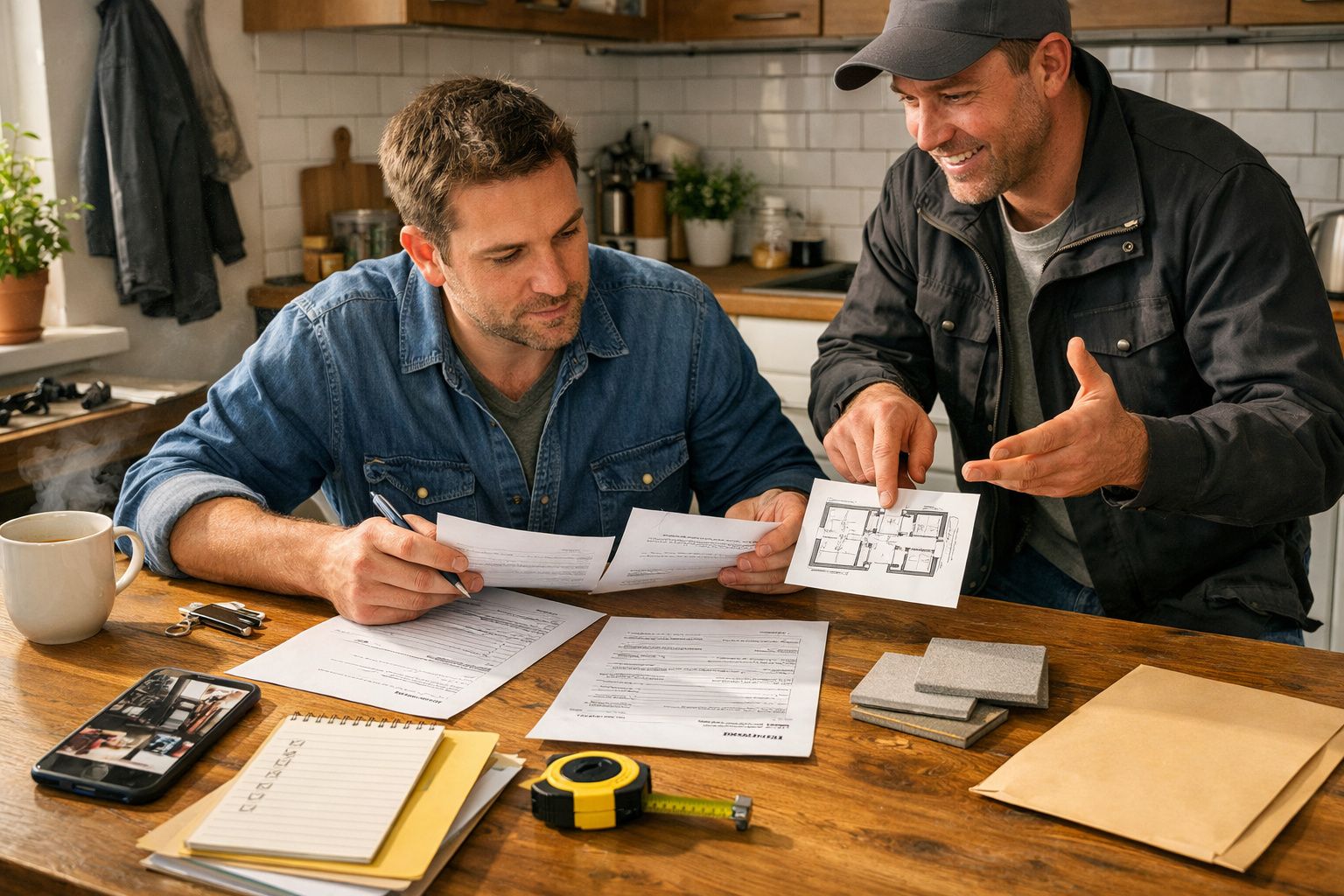 Dois homens a discutir plantas e amostras numa mesa de cozinha.