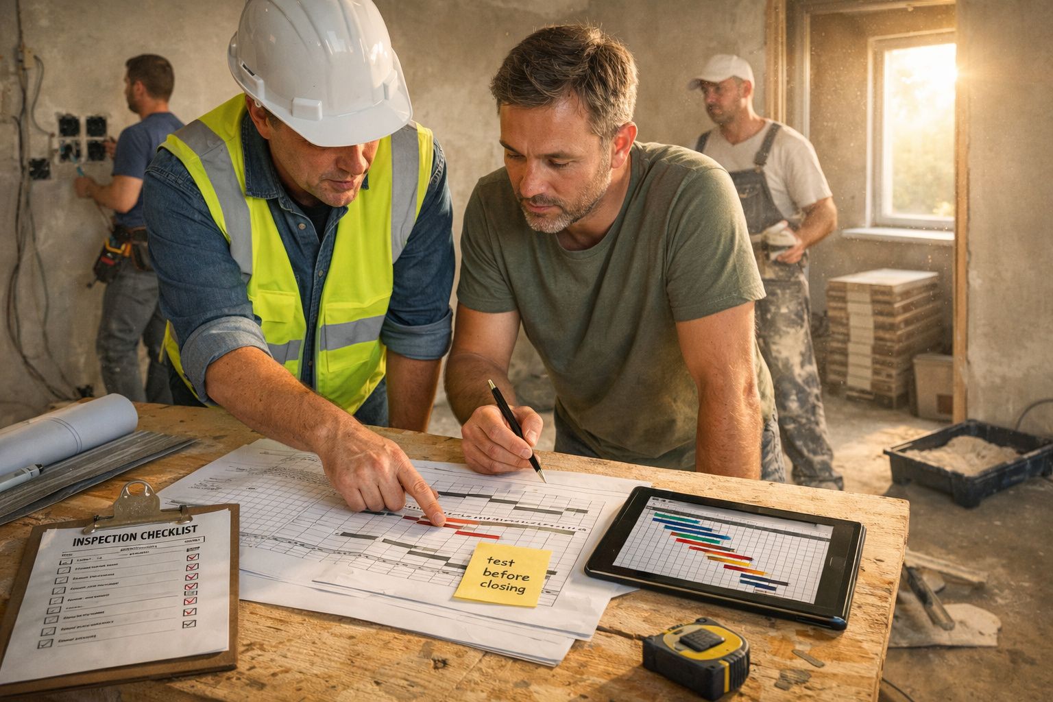 Dois homens analisam planta numa obra, com capacete e colete. Tabela no tablet e lista de verificação em cima da mesa.