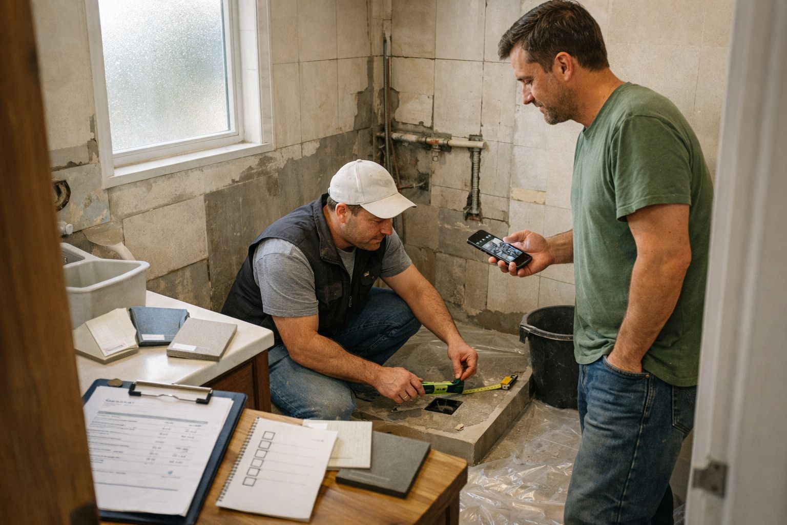 Dois homens a trabalhar na remodelação de uma casa de banho. Um mede, enquanto o outro segura um telemóvel.