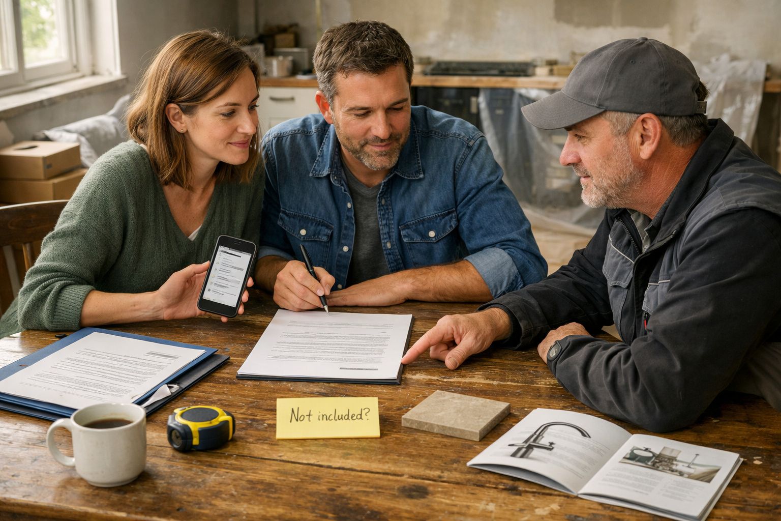 Três pessoas discutem um contrato à mesa, com papéis, telemóvel, chávena e amostras de azulejos em destaque.