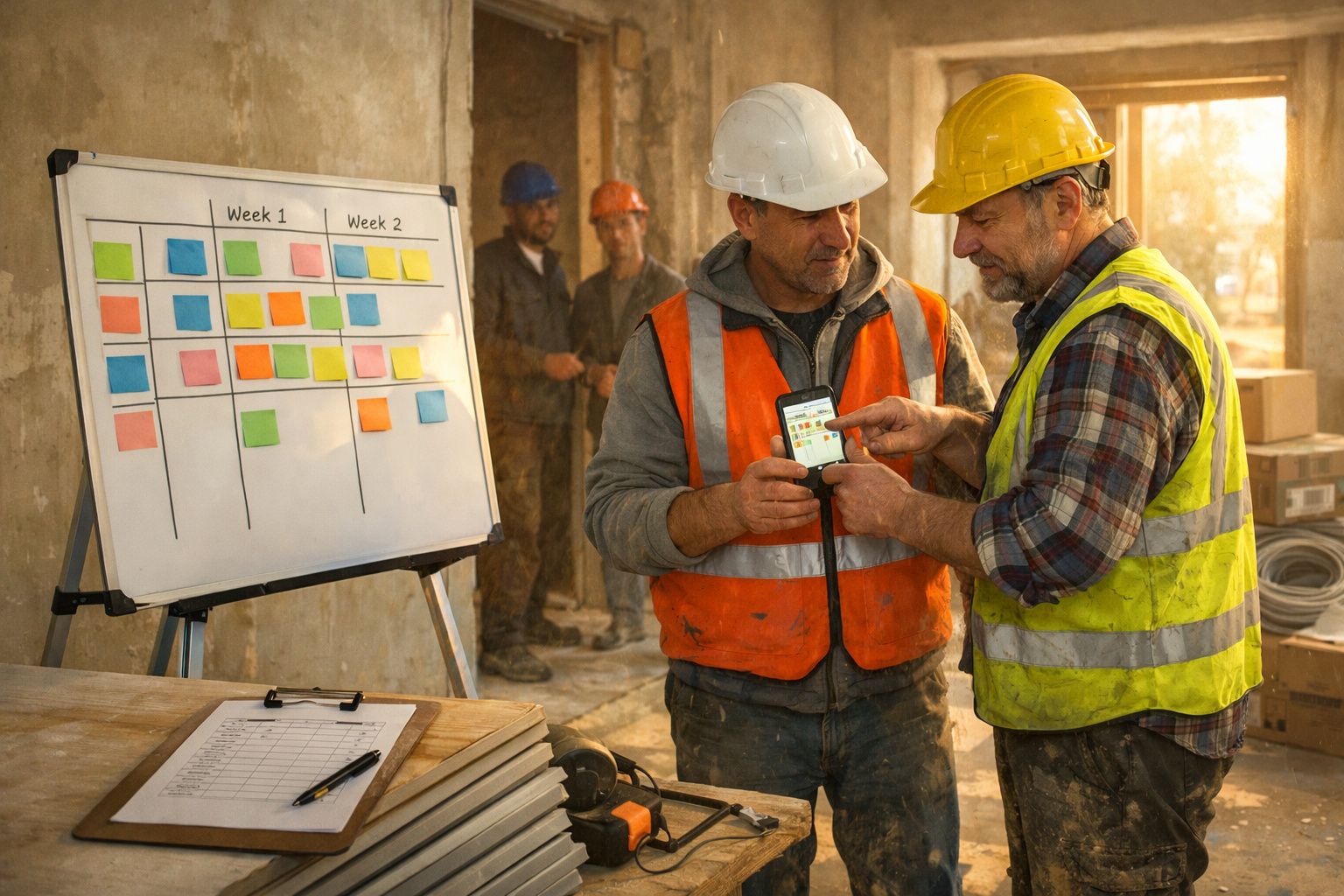 Dois homens em obras analisam um telemóvel; quadro branco com notas autocolantes coloridas ao lado.