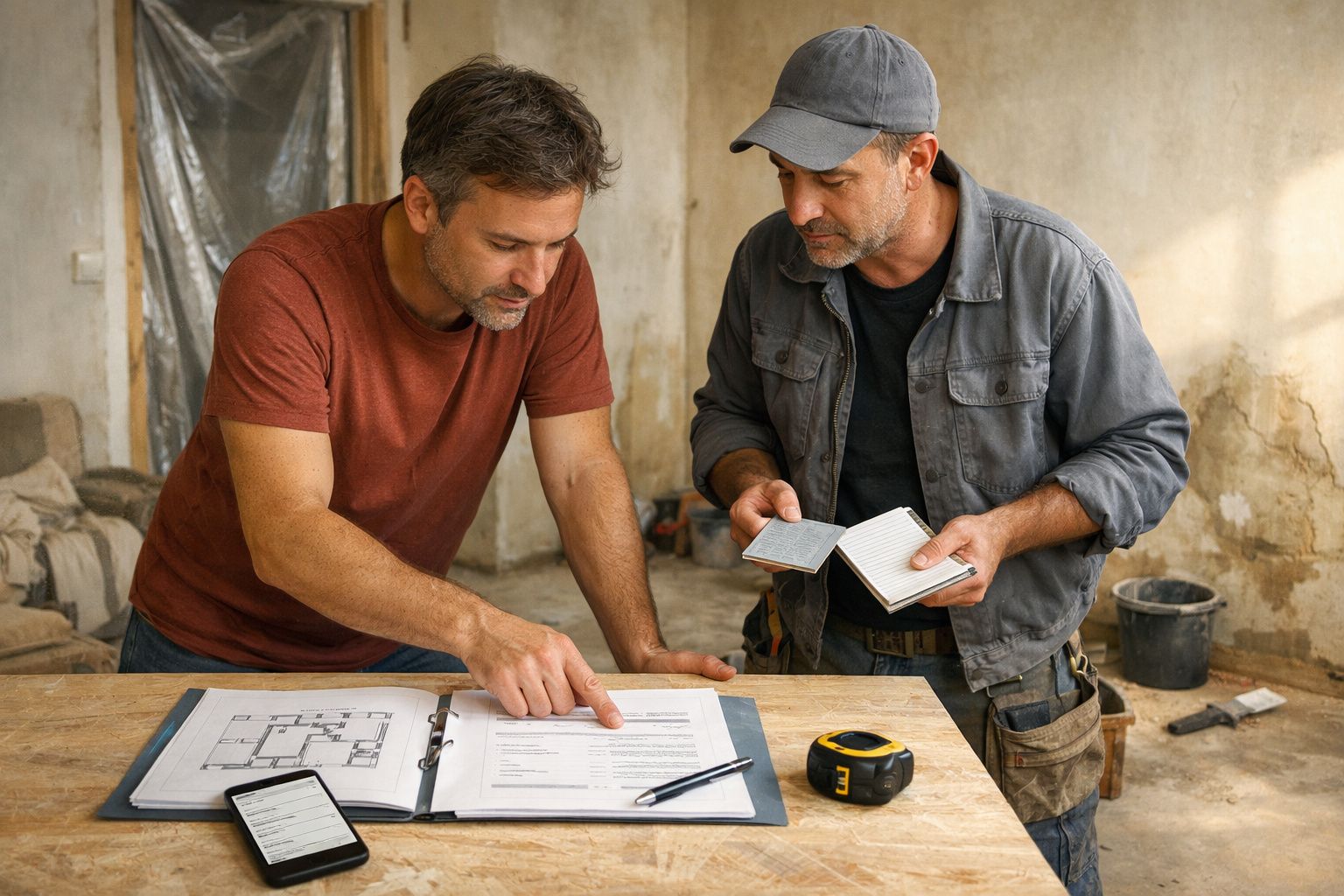 Dois homens discutem planta de construção em obra, com caderno e fita métrica sobre a mesa.