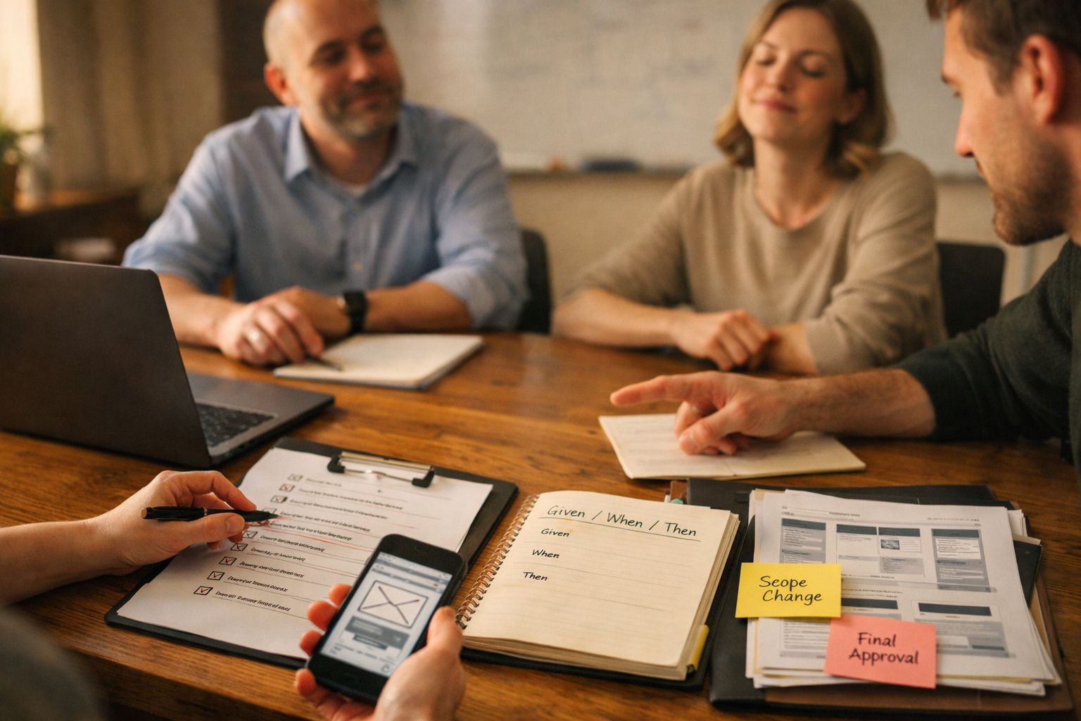 Pessoas numa reunião em torno de uma mesa com blocos de notas, telemóvel e documentos com anotações.