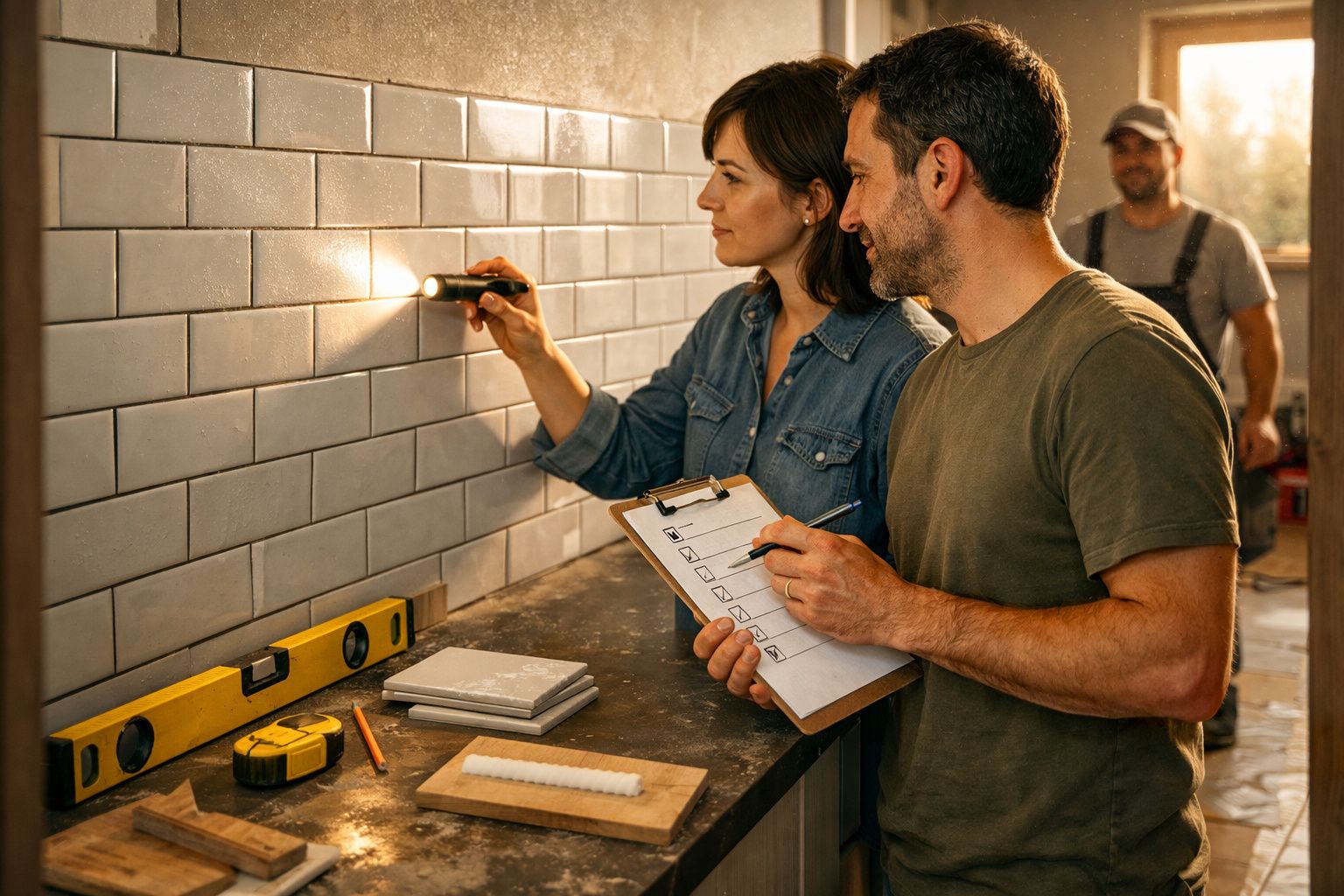 Duas pessoas inspecionam azulejos numa parede com lista de verificação e lanterna; trabalhador ao fundo.