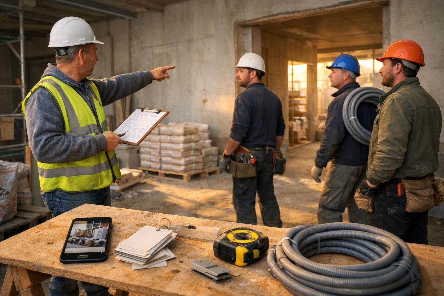 Chefe de obra de colete refletor aponta, conversando com três trabalhadores num local de construção.