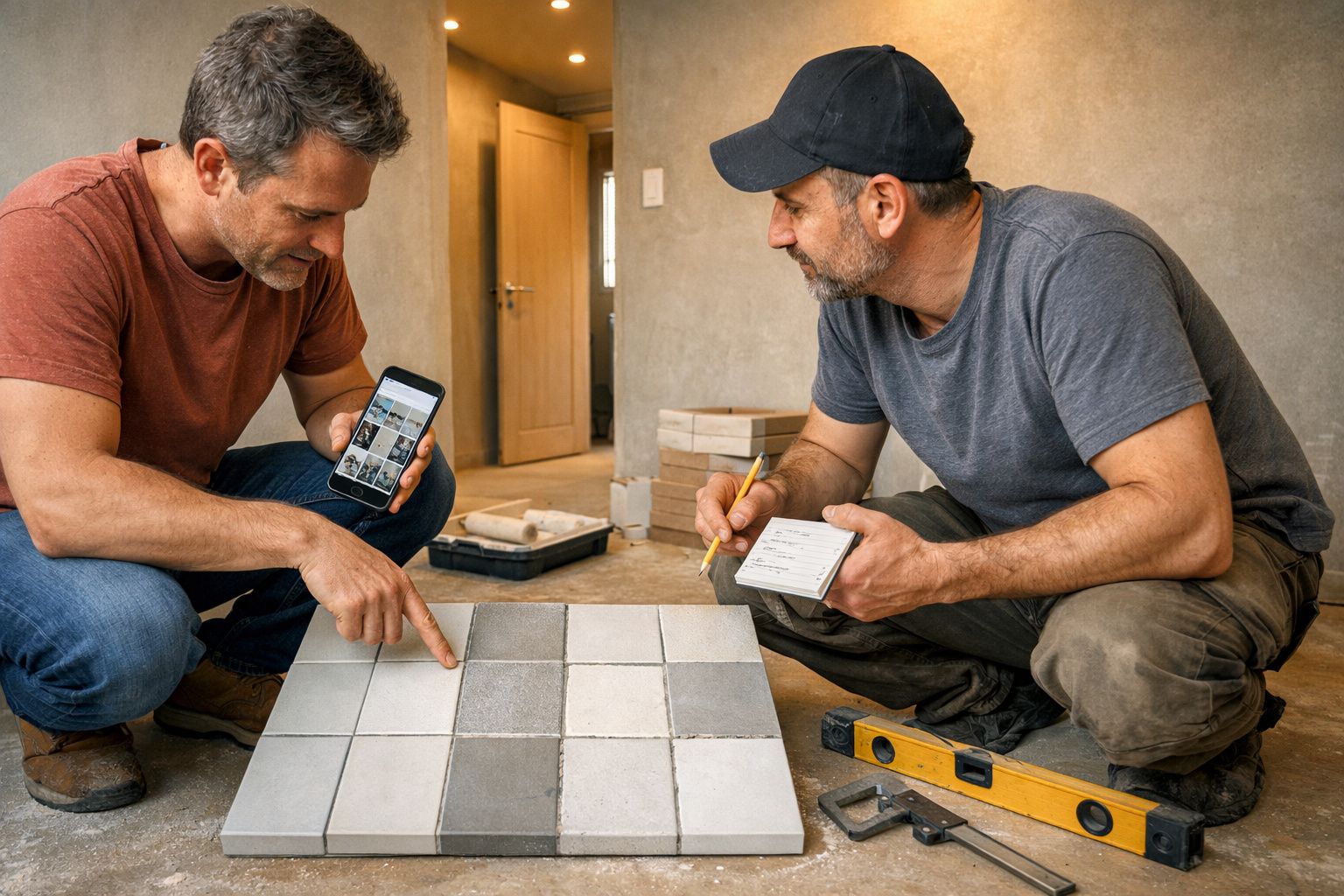 Dois homens numa obra, um segura um telemóvel, ambos discutem a instalação de azulejos no chão.