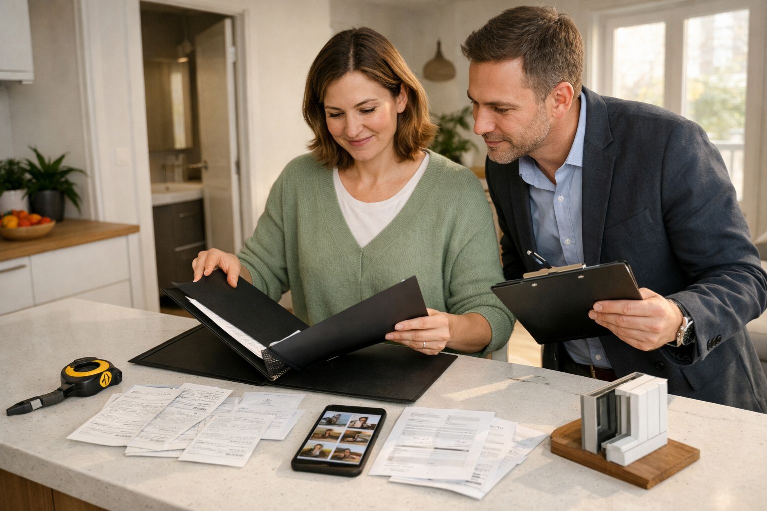 Mulher e homem analisam documentos e tablet num balcão de cozinha com uma fita métrica e amostras de cores.