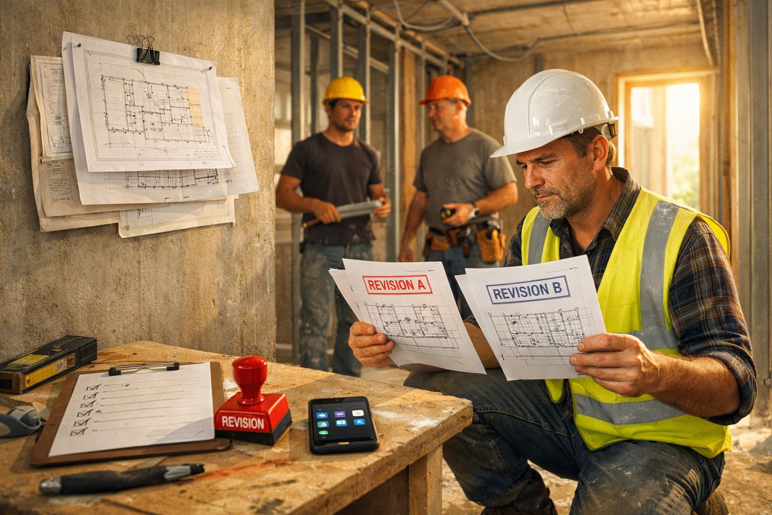 Homem de colete verifica plantas de construção, enquanto três trabalhadores ao fundo discutem. Mesa com carimbo e prancheta.