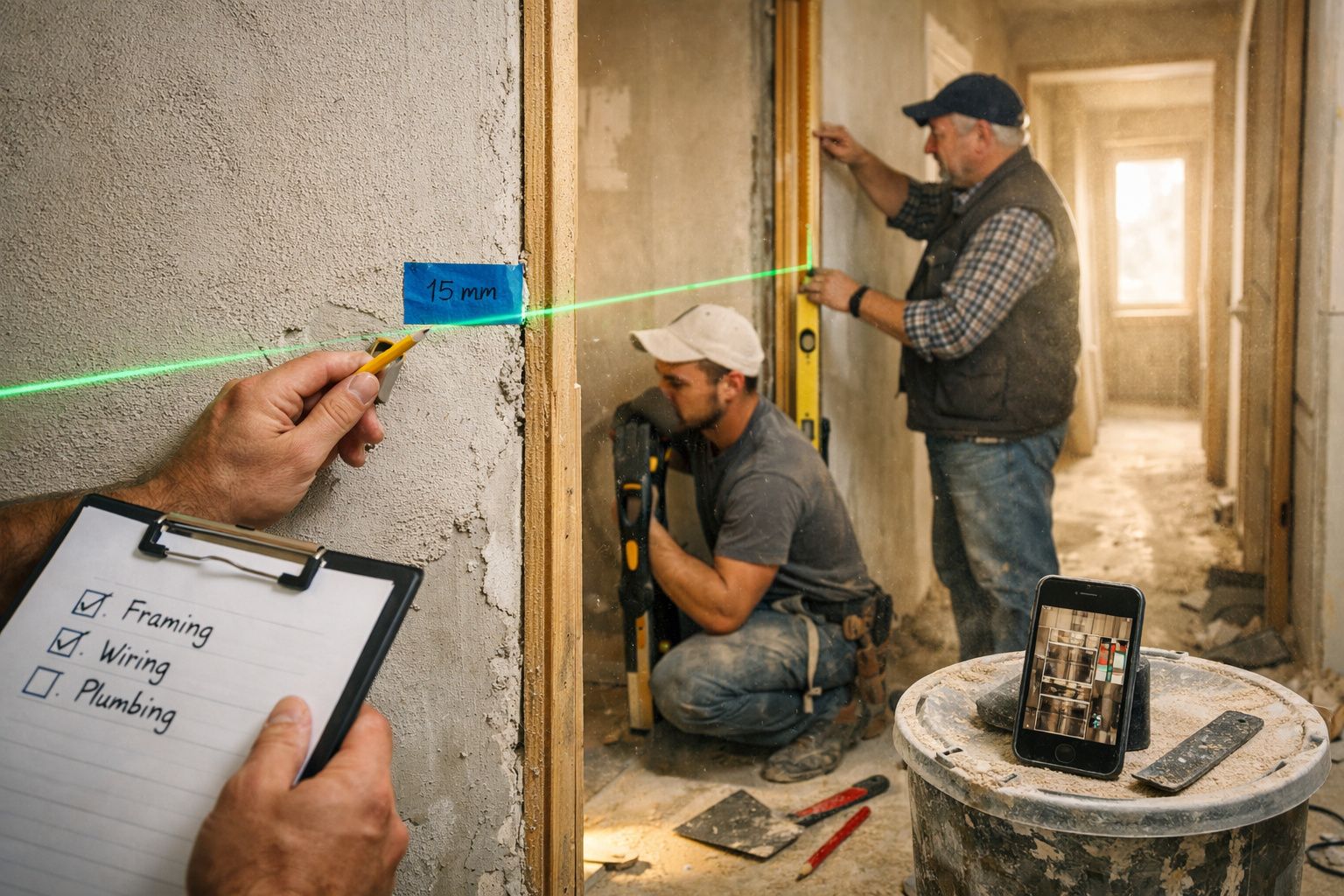Trabalhadores em construção, um segura um nivelador; papel com lista de tarefas; laser verde numa parede; telemóvel sobre um 