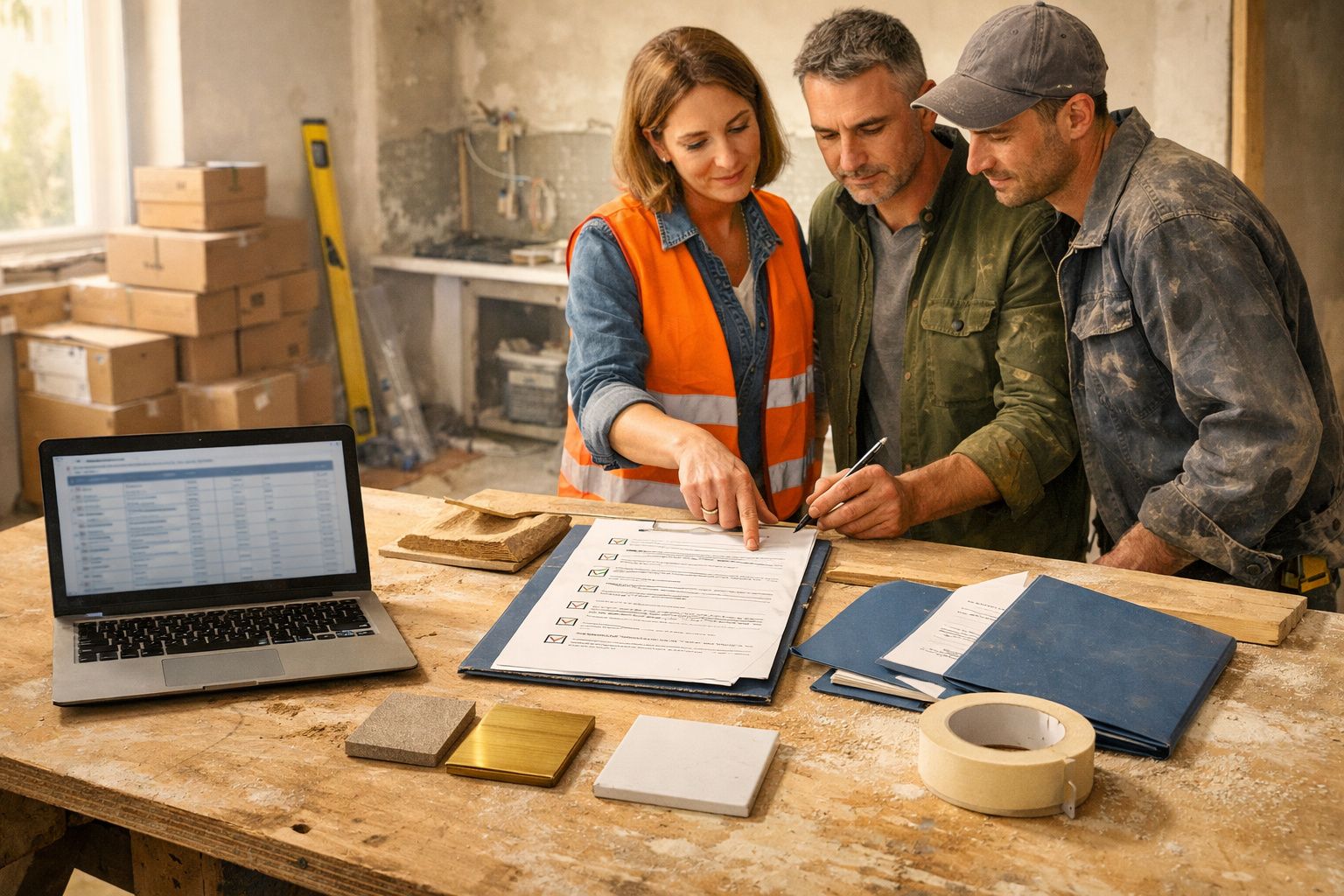 Três pessoas discutem planos de construção numa mesa com portátil e amostras de materiais numa sala em obras.