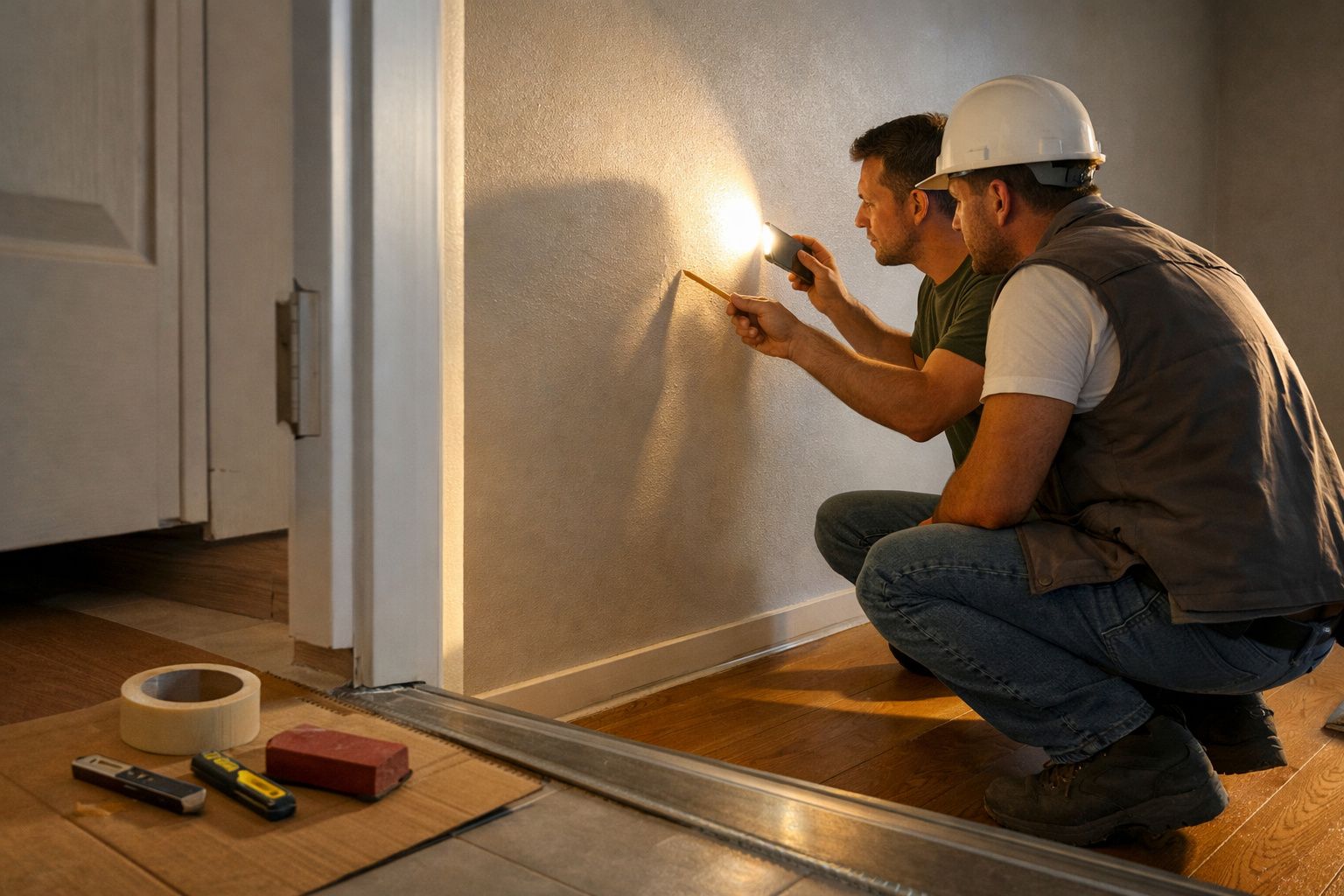 Dois homens inspecionam uma parede com uma lanterna e uma régua. Ferramentas no chão ao lado.