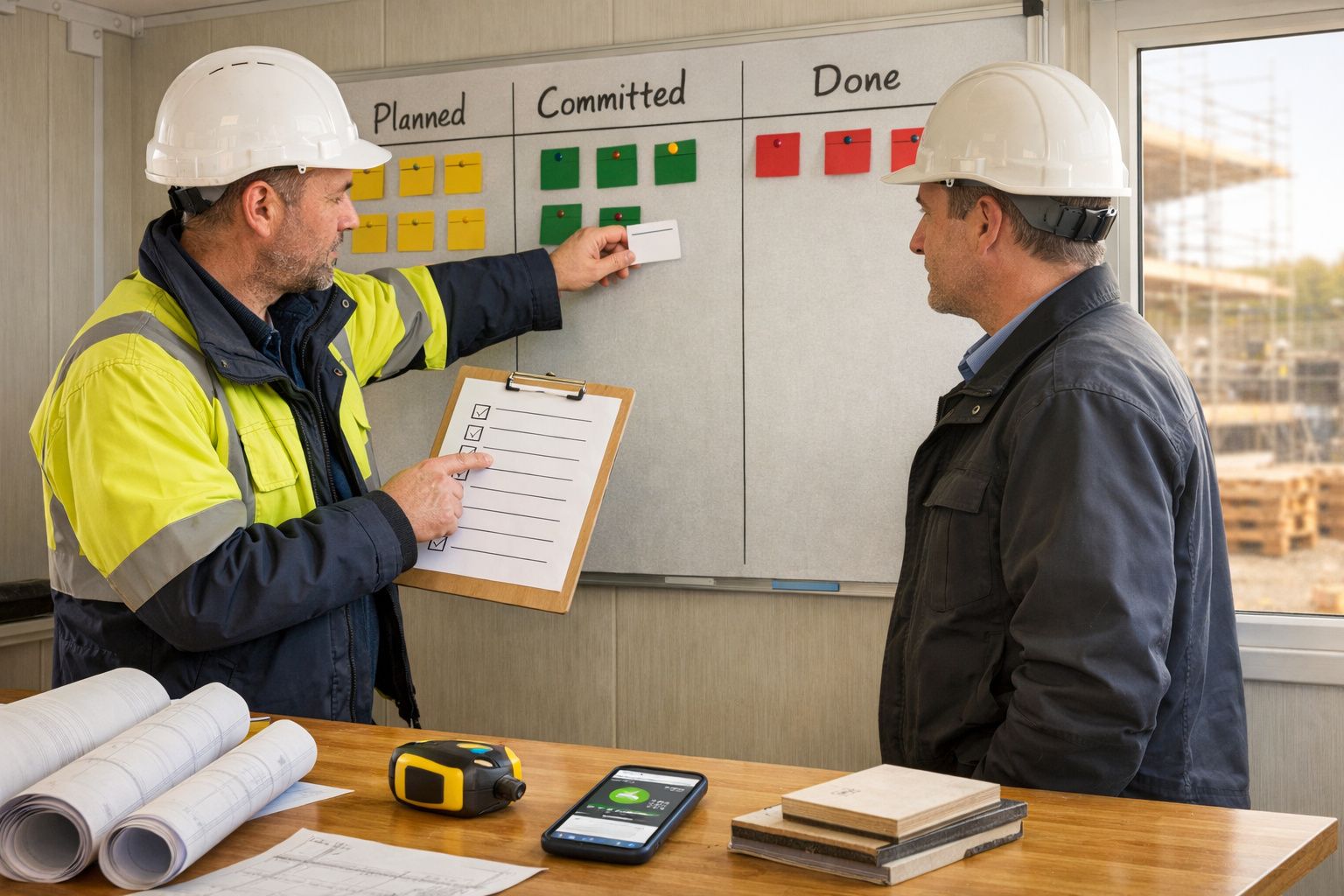 Dois homens de capacetes analisam um quadro de tarefas numa construção, segurando listas de verificação.