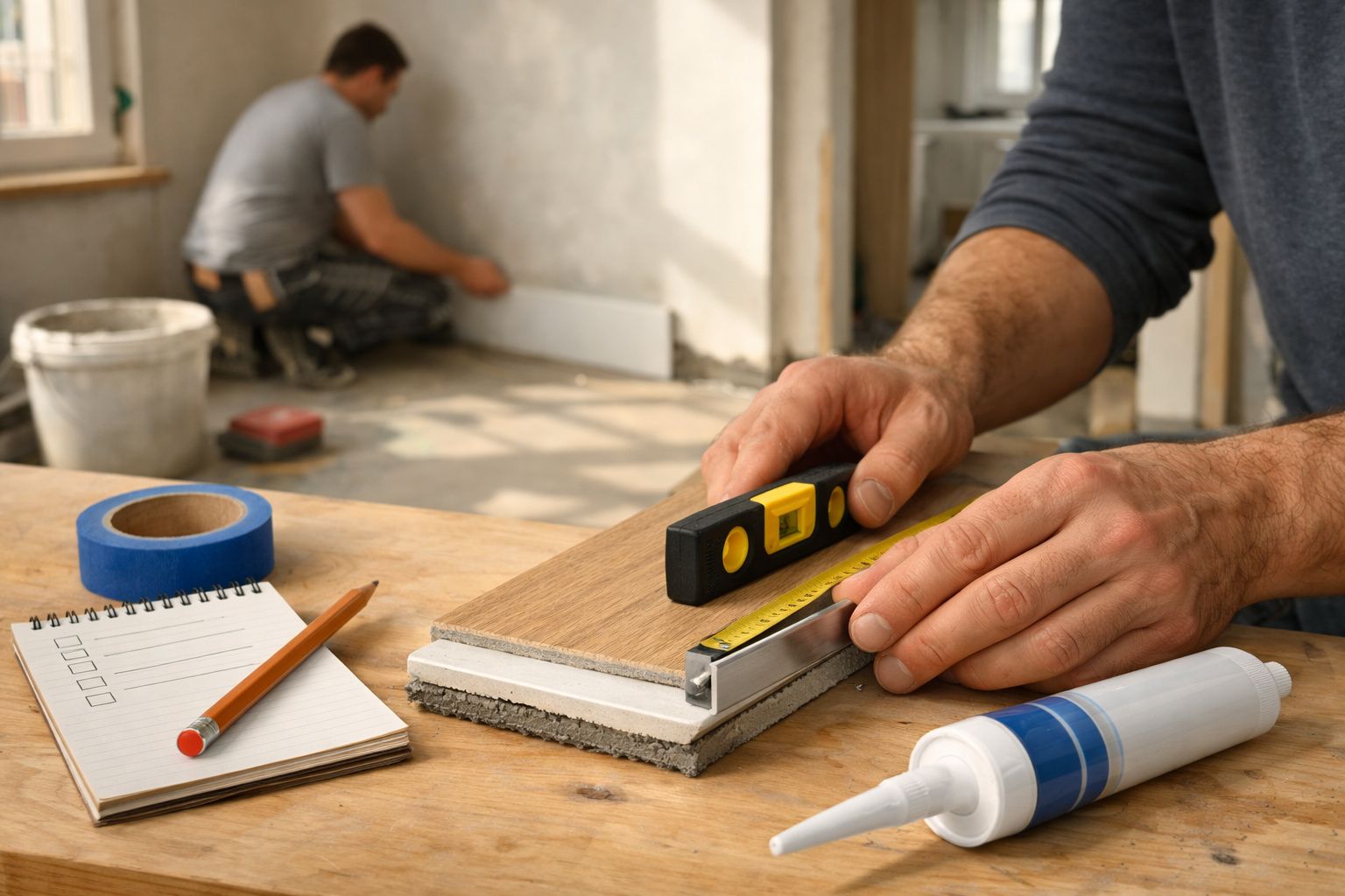 Homem usando nível e fita métrica numa placa de madeira, com materiais de renovação ao fundo.